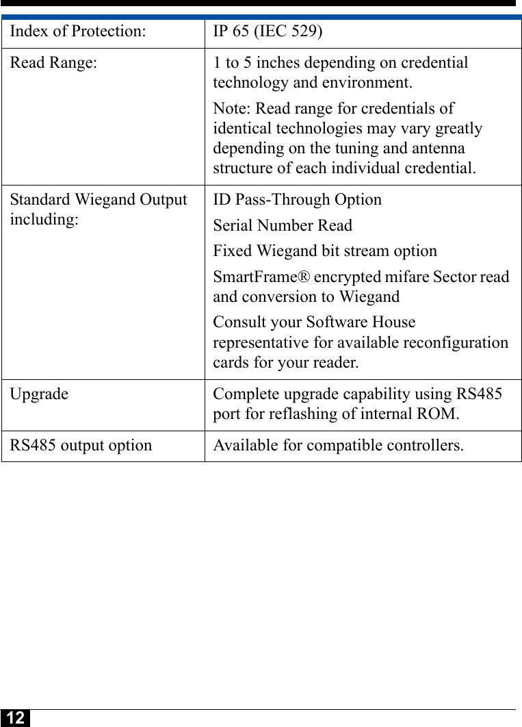 12Tyco CONFIDENTIALIndex of Protection:  IP 65 (IEC 529)Read Range:  1 to 5 inches depending on credential technology and environment.Note: Read range for credentials of identical technologies may vary greatly depending on the tuning and antenna structure of each individual credential.Standard Wiegand Output including:ID Pass-Through OptionSerial Number ReadFixed Wiegand bit stream optionSmartFrame® encrypted mifare Sector read and conversion to WiegandConsult your Software House representative for available reconfiguration cards for your reader.Upgrade Complete upgrade capability using RS485 port for reflashing of internal ROM.RS485 output option Available for compatible controllers.