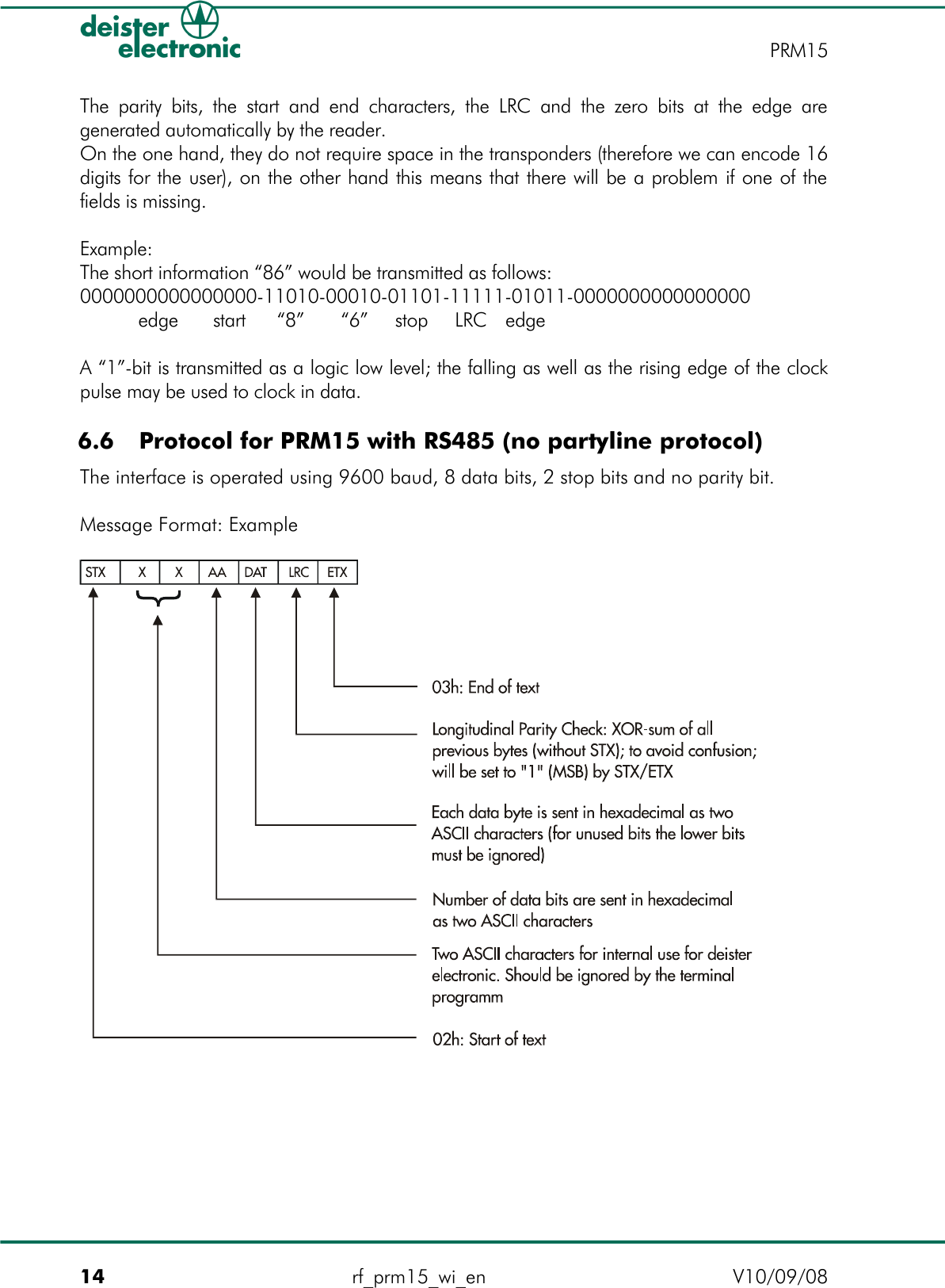 The parity bits, the start and end characters, the LRC and the zero bits at the edge are generated automatically by the reader.On the one hand, they do not require space in the transponders (therefore we can encode 16 digits for the user), on the other hand this means that there will be a problem if one of the fields is missing.Example:The short information “86” would be transmitted as follows:0000000000000000-11010-00010-01101-11111-01011-0000000000000000edge    start     “8”      “6”     stop     LRC   edgeA “1”-bit is transmitted as a logic low level; the falling as well as the rising edge of the clock pulse may be used to clock in data. 6.6  Protocol for PRM15 with RS485 (no partyline protocol)The interface is operated using 9600 baud, 8 data bits, 2 stop bits and no parity bit.Message Format: Example14 rf_prm15_wi_en V10/09/08PRM15