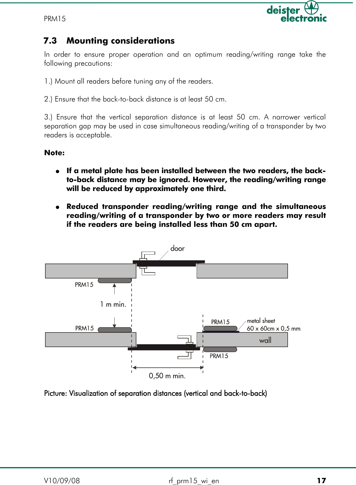  7.3  Mounting considerationsIn order to ensure proper operation and an optimum reading/writing range take the following precautions:1.) Mount all readers before tuning any of the readers.2.) Ensure that the back-to-back distance is at least 50 cm.3.) Ensure that the vertical separation distance is at least 50 cm. A narrower vertical separation gap may be used in case simultaneous reading/writing of a transponder by two readers is acceptable.Note:●If a metal plate has been installed between the two readers, the back-to-back distance may be ignored. However, the reading/writing range will be reduced by approximately one third.●Reduced transponder reading/writing range and the simultaneous reading/writing of a transponder by two or more readers may result if the readers are being installed less than 50 cm apart.Picture: Visualization of separation distances (vertical and back-to-back)V10/09/08 rf_prm15_wi_en 17PRM15