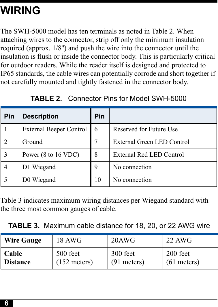 6WIRINGThe SWH-5000 model has ten terminals as noted in Table 2. When attaching wires to the connector, strip off only the minimum insulation required (approx. 1/8&apos;&apos;) and push the wire into the connector until the insulation is flush or inside the connector body. This is particularly critical for outdoor readers. While the reader itself is designed and protected to IP65 standards, the cable wires can potentially corrode and short together if not carefully mounted and tightly fastened in the connector body.Table 3 indicates maximum wiring distances per Wiegand standard with the three most common gauges of cable.TABLE 2.  Connector Pins for Model SWH-5000Pin Description Pin1 External Beeper Control 6 Reserved for Future Use2 Ground 7 External Green LED Control3 Power (8 to 16 VDC) 8 External Red LED Control4 D1 Wiegand 9 No connection5 D0 Wiegand 10 No connectionTABLE 3. Maximum cable distance for 18, 20, or 22 AWG wireWire Gauge 18 AWG 20AWG 22 AWGCable Distance500 feet (152 meters)300 feet(91 meters)200 feet(61 meters)