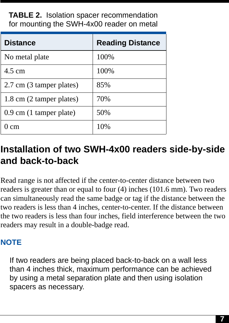 7Installation of two SWH-4x00 readers side-by-side and back-to-backRead range is not affected if the center-to-center distance between two readers is greater than or equal to four (4) inches (101.6 mm). Two readers can simultaneously read the same badge or tag if the distance between the two readers is less than 4 inches, center-to-center. If the distance between the two readers is less than four inches, field interference between the two readers may result in a double-badge read.NOTEIf two readers are being placed back-to-back on a wall less than 4 inches thick, maximum performance can be achieved by using a metal separation plate and then using isolation spacers as necessary.TABLE 2. Isolation spacer recommendation for mounting the SWH-4x00 reader on metalDistance Reading DistanceNo metal plate 100%4.5 cm 100%2.7 cm (3 tamper plates) 85%1.8 cm (2 tamper plates) 70%0.9 cm (1 tamper plate) 50%0 cm 10%