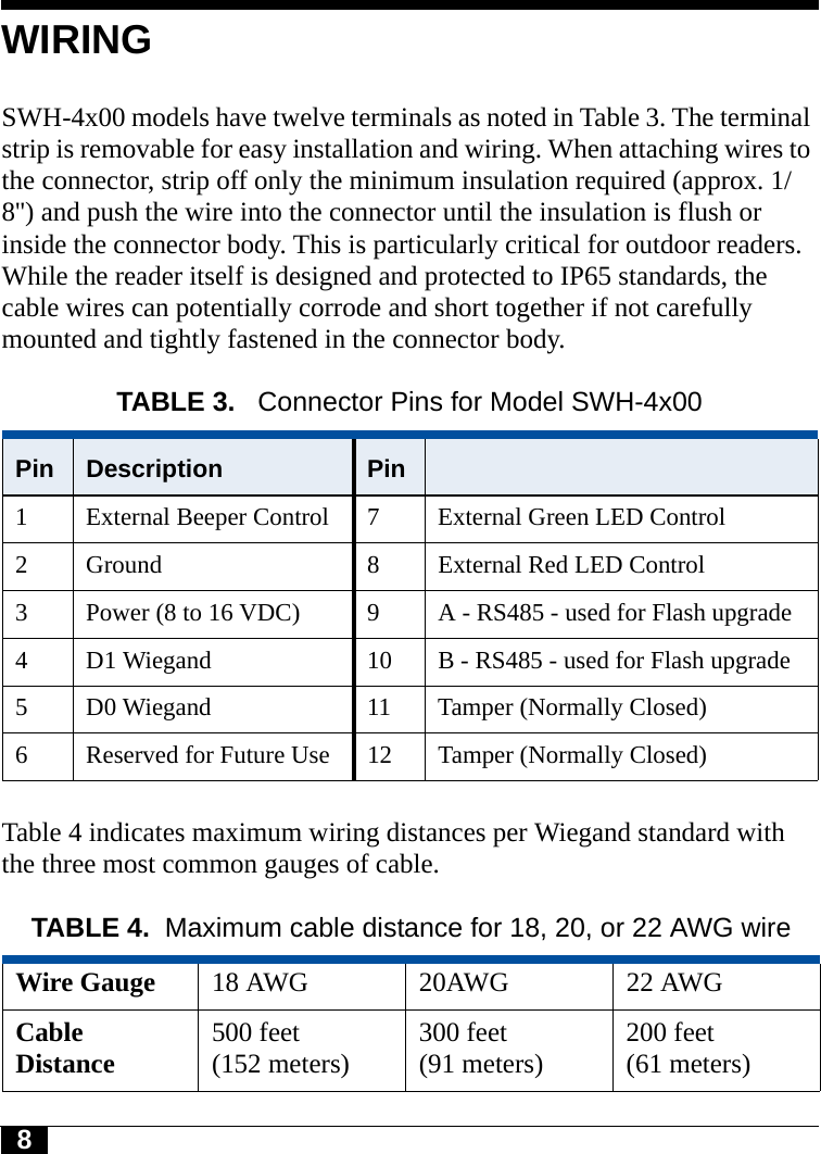 8WIRINGSWH-4x00 models have twelve terminals as noted in Table 3. The terminal strip is removable for easy installation and wiring. When attaching wires to the connector, strip off only the minimum insulation required (approx. 1/8&apos;&apos;) and push the wire into the connector until the insulation is flush or inside the connector body. This is particularly critical for outdoor readers. While the reader itself is designed and protected to IP65 standards, the cable wires can potentially corrode and short together if not carefully mounted and tightly fastened in the connector body.Table 4 indicates maximum wiring distances per Wiegand standard with the three most common gauges of cable.TABLE 3.  Connector Pins for Model SWH-4x00Pin Description Pin1 External Beeper Control 7 External Green LED Control2 Ground 8 External Red LED Control3 Power (8 to 16 VDC) 9 A - RS485 - used for Flash upgrade4 D1 Wiegand 10 B - RS485 - used for Flash upgrade5 D0 Wiegand 11 Tamper (Normally Closed)6 Reserved for Future Use 12 Tamper (Normally Closed)TABLE 4. Maximum cable distance for 18, 20, or 22 AWG wireWire Gauge 18 AWG 20AWG 22 AWGCable Distance 500 feet (152 meters) 300 feet(91 meters) 200 feet(61 meters)