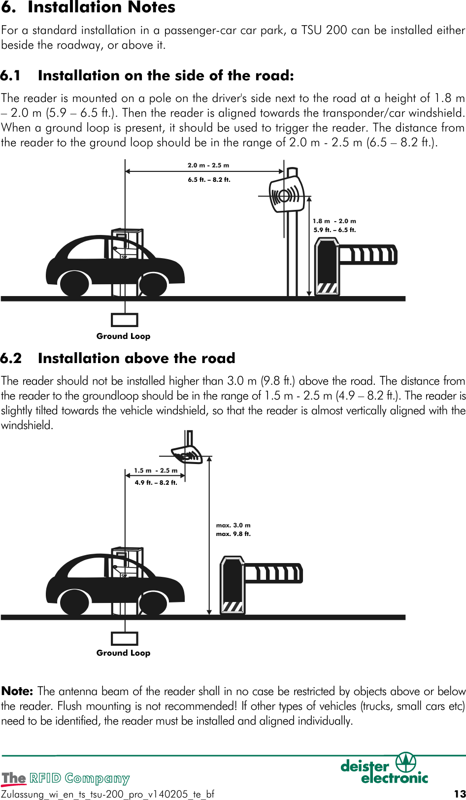 6. Installation NotesFor a standard installation in a passenger-car car park, a TSU 200 can be installed eitherbeside the roadway, or above it. 6.1  Installation on the side of the road:The reader is mounted on a pole on the driver&apos;s side next to the road at a height of 1.8 m– 2.0 m (5.9 – 6.5 ft.). Then the reader is aligned towards the transponder/car windshield.When a ground loop is present, it should be used to trigger the reader. The distance fromthe reader to the ground loop should be in the range of 2.0 m - 2.5 m (6.5 – 8.2 ft.). 6.2  Installation above the roadThe reader should not be installed higher than 3.0 m (9.8 ft.) above the road. The distance fromthe reader to the groundloop should be in the range of 1.5 m - 2.5 m (4.9 – 8.2 ft.). The reader isslightly tilted towards the vehicle windshield, so that the reader is almost vertically aligned with thewindshield.Note: The antenna beam of the reader shall in no case be restricted by objects above or belowthe reader. Flush mounting is not recommended! If other types of vehicles (trucks, small cars etc)need to be identified, the reader must be installed and aligned individually.Zulassung_wi_en_ts_tsu-200_pro_v140205_te_bf 136.5 ft. – 8.2 ft.5.9 ft. – 6.5 ft.Ground Loop4.9 ft. – 8.2 ft.max. 9.8 ft.Ground Loop