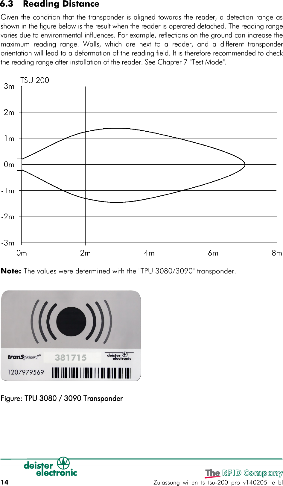  6.3  Reading Distance Given the condition that the transponder is aligned towards the reader, a detection range asshown in the figure below is the result when the reader is operated detached. The reading rangevaries due to environmental influences. For example, reflections on the ground can increase themaximum  reading  range.  Walls,  which are next  to a  reader, and a different  transponderorientation will lead to a deformation of the reading field. It is therefore recommended to checkthe reading range after installation of the reader. See Chapter 7 &quot;Test Mode&quot;.Note: The values were determined with the &quot;TPU 3080/3090&quot; transponder.Figure: TPU 3080 / 3090 Transponder 14 Zulassung_wi_en_ts_tsu-200_pro_v140205_te_bf