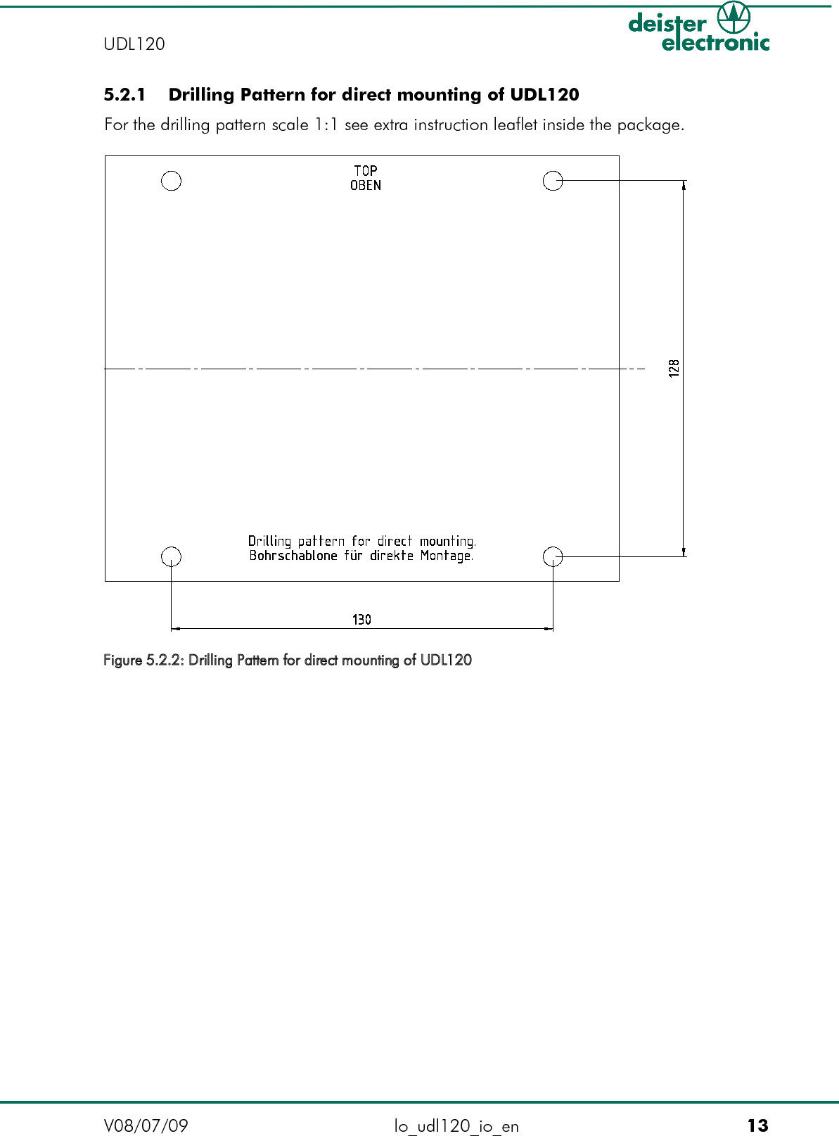  5.2.1  Drilling Pattern for direct mounting of UDL120For the drilling pattern scale 1:1 see extra instruction leaflet inside the package.V08/07/09 lo_udl120_io_en 13UDL120 Figure 5.2.2: Drilling Pattern for direct mounting of UDL120