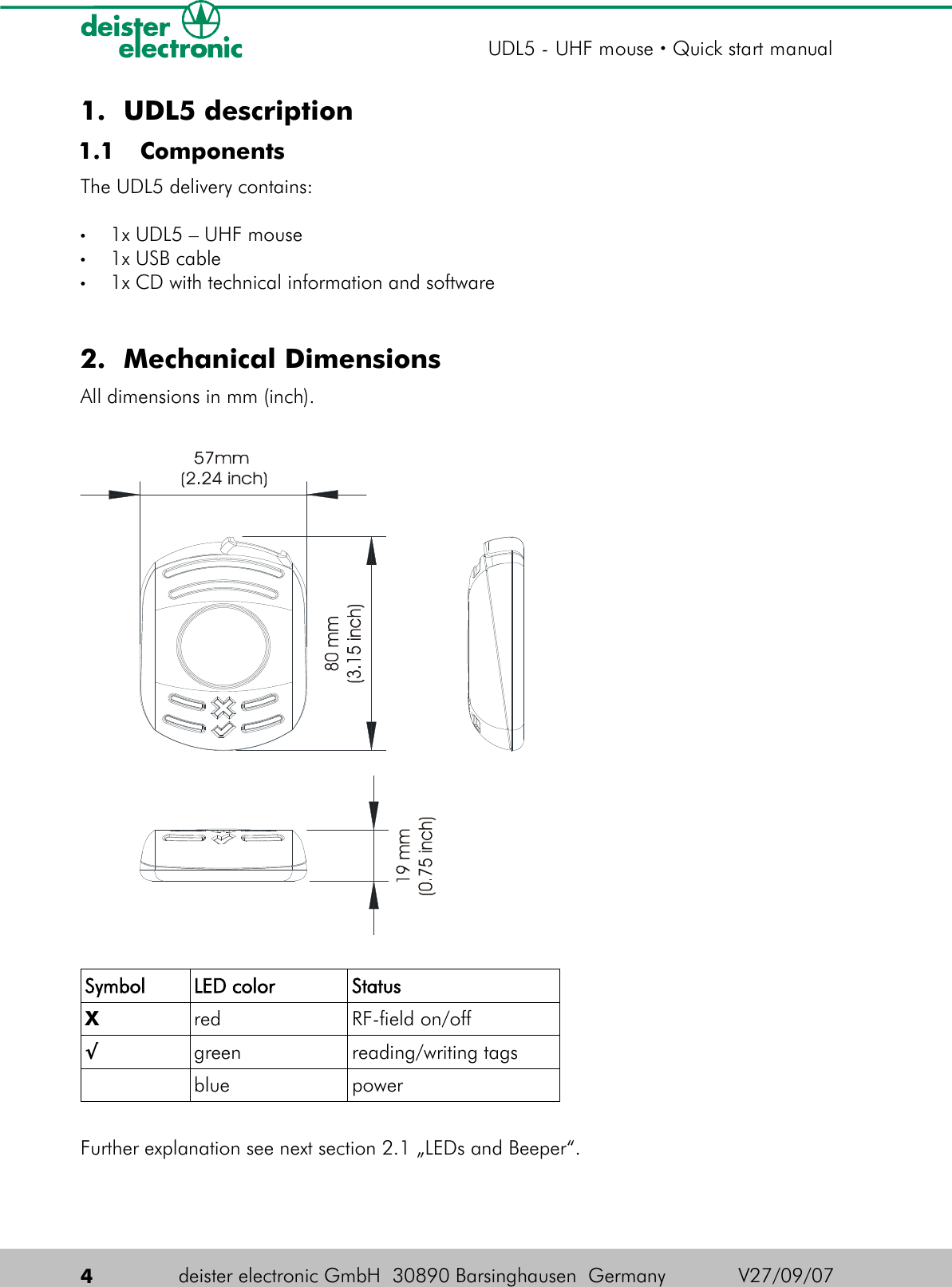 1. UDL5 description 1.1  ComponentsThe UDL5 delivery contains:•1x UDL5 – UHF mouse•1x USB cable•1x CD with technical information and software2. Mechanical DimensionsAll dimensions in mm (inch).Symbol LED color StatusXred RF-field on/off√green reading/writing tagsblue powerFurther explanation see next section 2.1 „LEDs and Beeper“.4deister electronic GmbH  30890 Barsinghausen  Germany  V27/09/07UDL5 - UHF mouse · Quick start manual