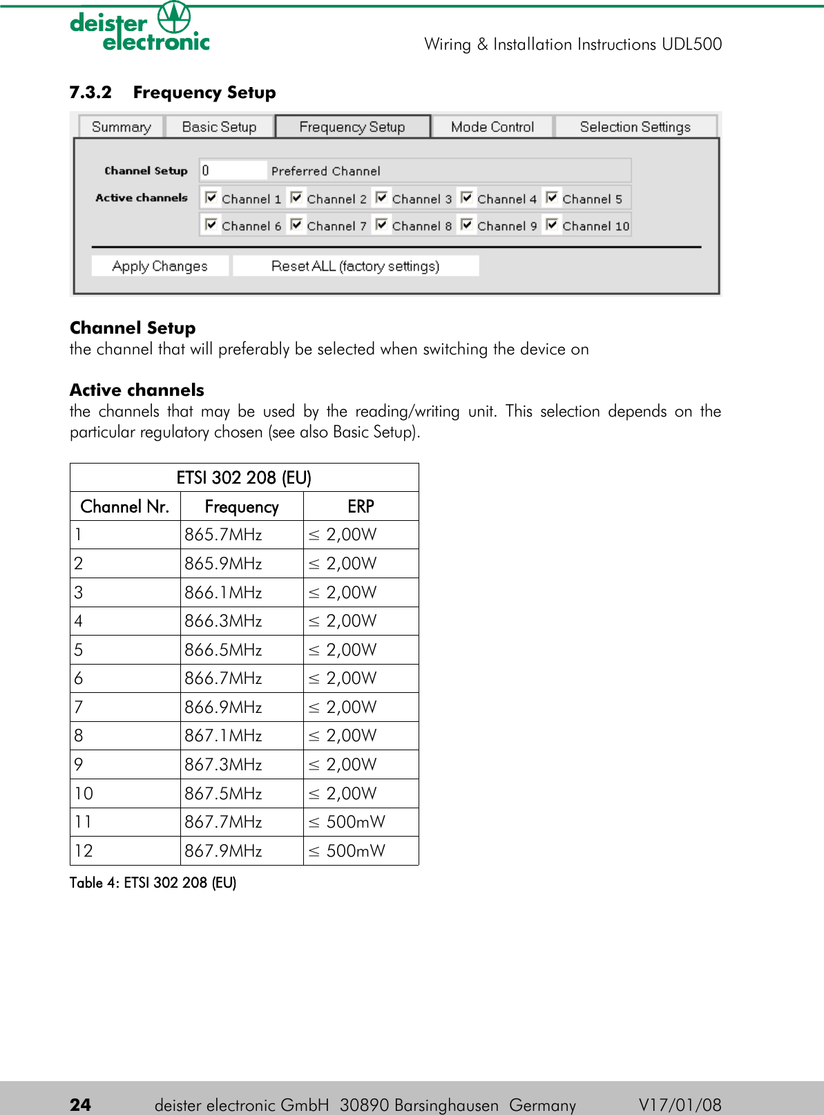  7.3.2  Frequency SetupChannel Setupthe channel that will preferably be selected when switching the device onActive channelsthe channels that may be used by the reading/writing unit. This selection depends on the particular regulatory chosen (see also Basic Setup).ETSI 302 208 (EU)Channel Nr. Frequency ERP1 865.7MHz ≤ 2,00W2 865.9MHz ≤ 2,00W3 866.1MHz ≤ 2,00W4 866.3MHz ≤ 2,00W5 866.5MHz ≤ 2,00W6 866.7MHz ≤ 2,00W7 866.9MHz ≤ 2,00W8 867.1MHz ≤ 2,00W9 867.3MHz ≤ 2,00W10 867.5MHz ≤ 2,00W11 867.7MHz ≤ 500mW12 867.9MHz ≤ 500mWTable 4: ETSI 302 208 (EU)24 deister electronic GmbH  30890 Barsinghausen  Germany V17/01/08Wiring &amp; Installation Instructions UDL500