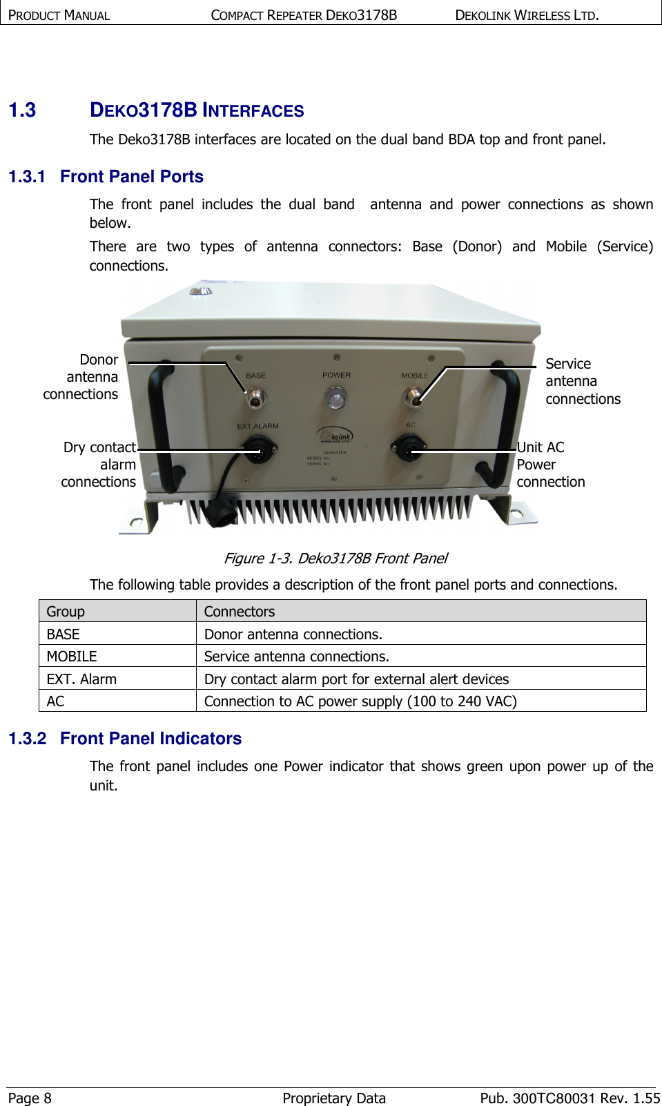 PRODUCT MANUAL  COMPACT REPEATER DEKO3178B  DEKOLINK WIRELESS LTD. Page 8  Proprietary Data  Pub. 300TC80031 Rev. 1.55  1.3  DEKO3178B INTERFACES The Deko3178B interfaces are located on the dual band BDA top and front panel. 1.3.1  Front Panel Ports The  front  panel  includes  the  dual  band    antenna  and  power  connections  as  shown below. There  are  two  types  of  antenna  connectors:  Base  (Donor)  and  Mobile  (Service) connections.  Figure  1-3. Deko3178B Front Panel The following table provides a description of the front panel ports and connections.  Group  Connectors   BASE   Donor antenna connections.  MOBILE  Service antenna connections.  EXT. Alarm  Dry contact alarm port for external alert devices AC  Connection to AC power supply (100 to 240 VAC) 1.3.2  Front Panel Indicators The front  panel  includes  one  Power  indicator  that  shows  green  upon power  up  of  the unit.  Unit AC Power connection Service antenna connections Donor antenna connectionsDry contact alarm connections