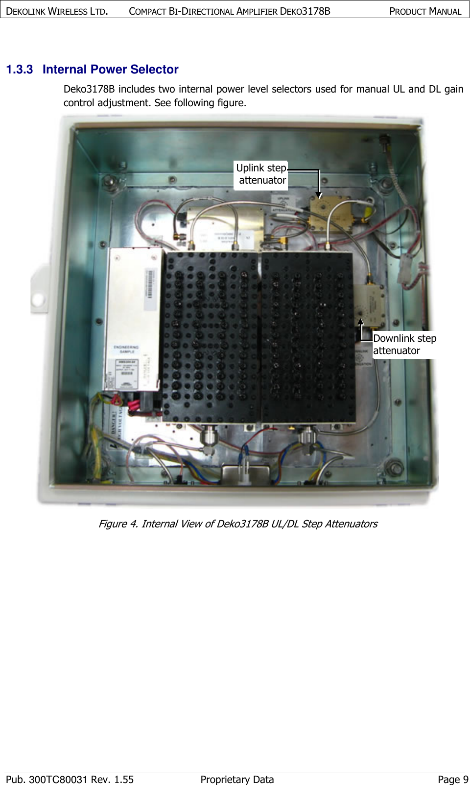 DEKOLINK WIRELESS LTD.        COMPACT BI-DIRECTIONAL AMPLIFIER DEKO3178B   PRODUCT MANUAL    Pub. 300TC80031 Rev. 1.55  Proprietary Data  Page 9  1.3.3  Internal Power Selector Deko3178B includes two internal power level selectors used for manual UL and DL gain control adjustment. See following figure.  Figure 4. Internal View of Deko3178B UL/DL Step Attenuators   Uplink step attenuatorDownlink step attenuator 