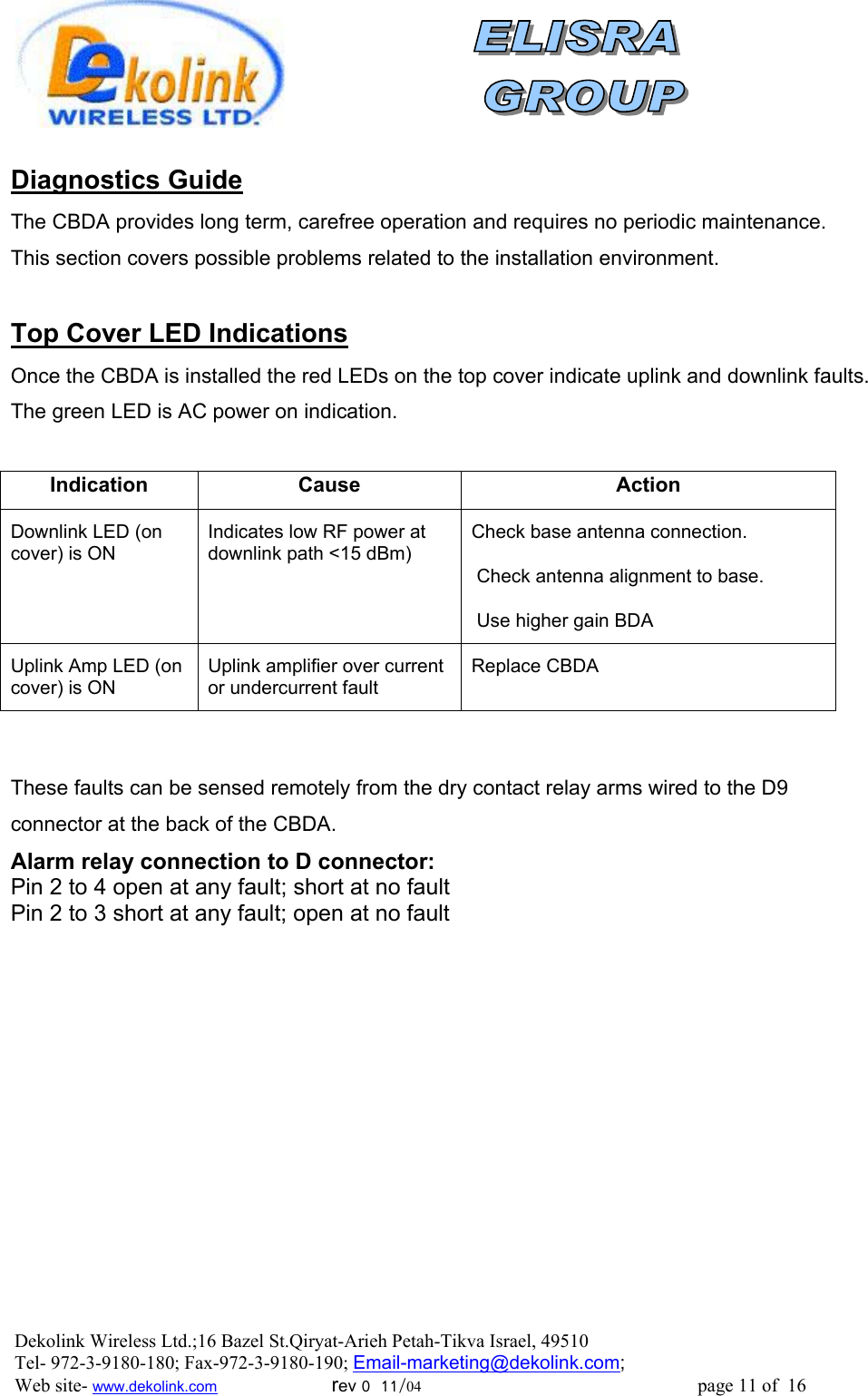                Diagnostics Guide The CBDA provides long term, carefree operation and requires no periodic maintenance. This section covers possible problems related to the installation environment.  Top Cover LED Indications Once the CBDA is installed the red LEDs on the top cover indicate uplink and downlink faults. The green LED is AC power on indication.  Indication Cause  Action Downlink LED (on cover) is ON Indicates low RF power at downlink path &lt;15 dBm) Check base antenna connection.    Check antenna alignment to base.  Use higher gain BDA  Uplink Amp LED (on cover) is ON Uplink amplifier over current or undercurrent fault Replace CBDA   These faults can be sensed remotely from the dry contact relay arms wired to the D9 connector at the back of the CBDA. Alarm relay connection to D connector: Pin 2 to 4 open at any fault; short at no fault Pin 2 to 3 short at any fault; open at no fault Dekolink Wireless Ltd.;16 Bazel St.Qiryat-Arieh Petah-Tikva Israel, 49510 Tel- 972-3-9180-180; Fax-972-3- 190-9180 ; Email-marketing@dekolink.com; Web site- www.dekolink.com                        rev 0  11/04                                                          page 11 of  16        