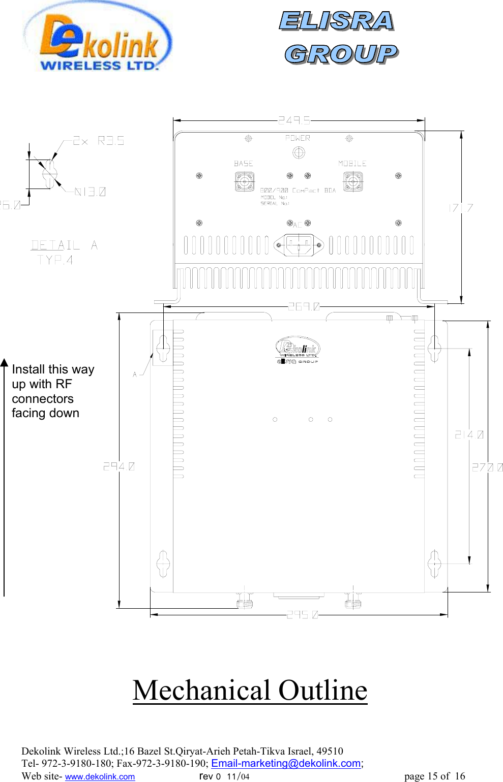                                                        Install this way up with RF connectors facing down      Mechanical OutlineDekolink Wireless Ltd.;16 Bazel St.Qiryat-Arieh Petah-Tikva Israel, 49510 Tel- 972-3-9180-180; Fax-972-3- 190-9180 ; Email-marketing@dekolink.com; Web site- www.dekolink.com                        rev 0  11/04                                                          page 15 of  16        