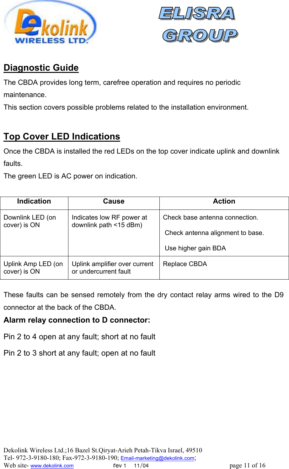  Dekolink Wireless Ltd.;16 Bazel St.Qiryat-Arieh Petah-Tikva Israel, 49510 Tel- 972-3-9180-180; Fax-972-3- 190-9180 ; Email-marketing@dekolink.com   Diagnostic Guide The CBDA provides long term, carefree operation and requires no periodic maintenance. This section covers possible problems related to the installation environment.  Top Cover LED Indications Once the CBDA is installed the red LEDs on the top cover indicate uplink and downlink faults. The green LED is AC power on indication.  Indication Cause  Action Downlink LED (on cover) is ON Indicates low RF power at downlink path &lt;15 dBm) Check base antenna connection.    Check antenna alignment to base.  Use higher gain BDA  Uplink Amp LED (on cover) is ON Uplink amplifier over current or undercurrent fault Replace CBDA  These faults can be sensed remotely from the dry contact relay arms wired to the D9 connector at the back of the CBDA. Alarm relay connection to D connector:  Pin 2 to 4 open at any fault; short at no fault  Pin 2 to 3 short at any fault; open at no fault ; Web site- www.dekolink.com                        rev 1    11/04                                                 page 11 of 16                    