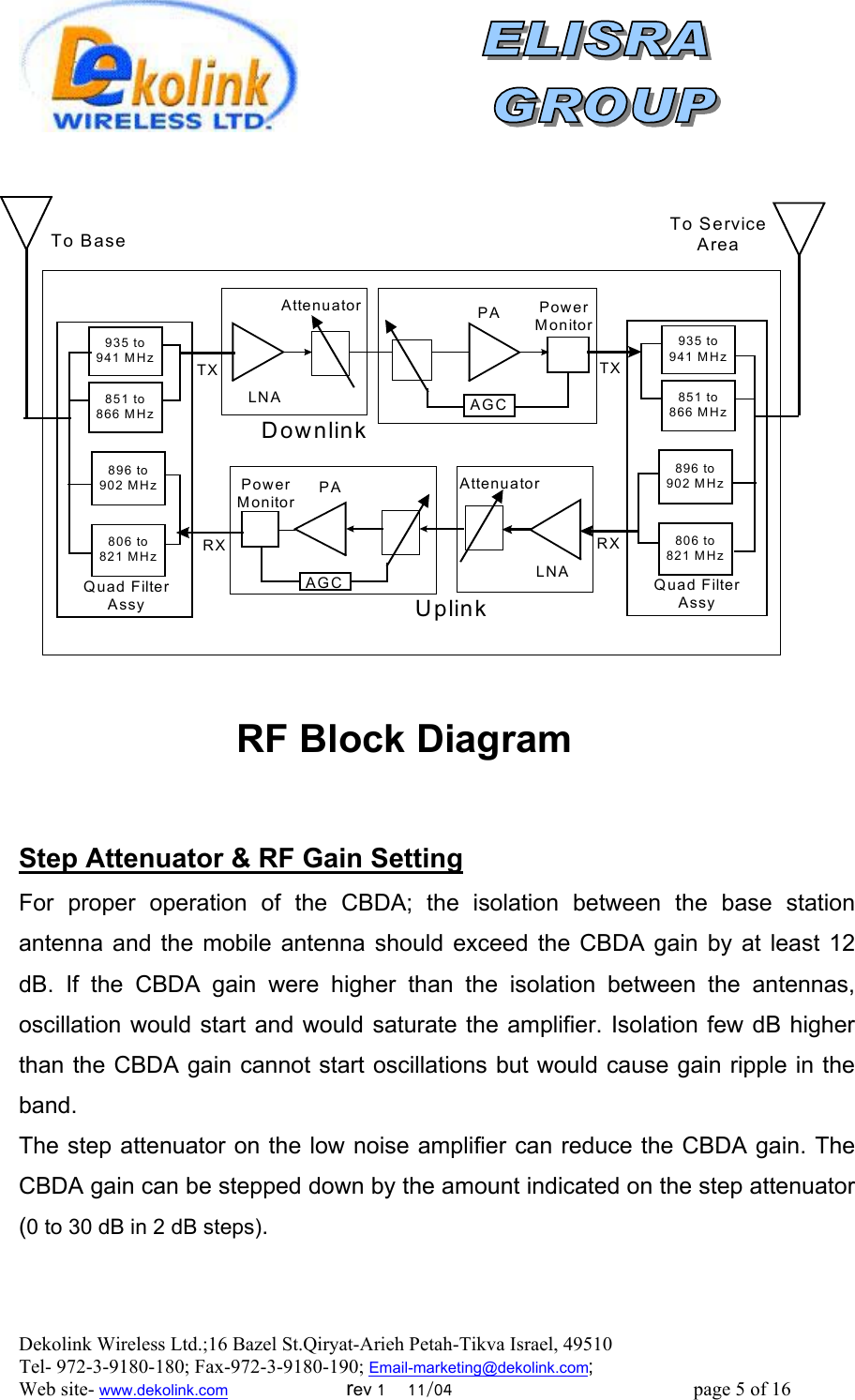  Dekolink Wireless Ltd.;16 Bazel St.Qiryat-Arieh Petah-Tikva Israel, 49510 Tel- 972-3-9180-180; Fax-972-3- 190-9180 ; Email-marketing@dekolink.com                                                 DownlinkUplinkLNAAttenuatorPowerMonitorPAAGCLNAAttenuator PAAGCTo BaseTo ServiceAreaTX806 to821 MHz896 to902 MHz851 to866 MHz935 to941 MHzRXQuad FilterAssyTX806 to821 MHz896 to902 MHz851 to866 MHz935 to941 MHzRXQuad FilterAssyPowerMonitor  RF Block Diagram     Step Attenuator &amp; RF Gain Setting For proper operation of the CBDA; the isolation between the base station antenna and the mobile antenna should exceed the CBDA gain by at least 12 dB. If the CBDA gain were higher than the isolation between the antennas, oscillation would start and would saturate the amplifier. Isolation few dB higher than the CBDA gain cannot start oscillations but would cause gain ripple in the band. The step attenuator on the low noise amplifier can reduce the CBDA gain. The CBDA gain can be stepped down by the amount indicated on the step attenuator (0 to 30 dB in 2 dB steps).   ; Web site- www.dekolink.com                        rev 1    11/04                                                 page 5 of 16                    