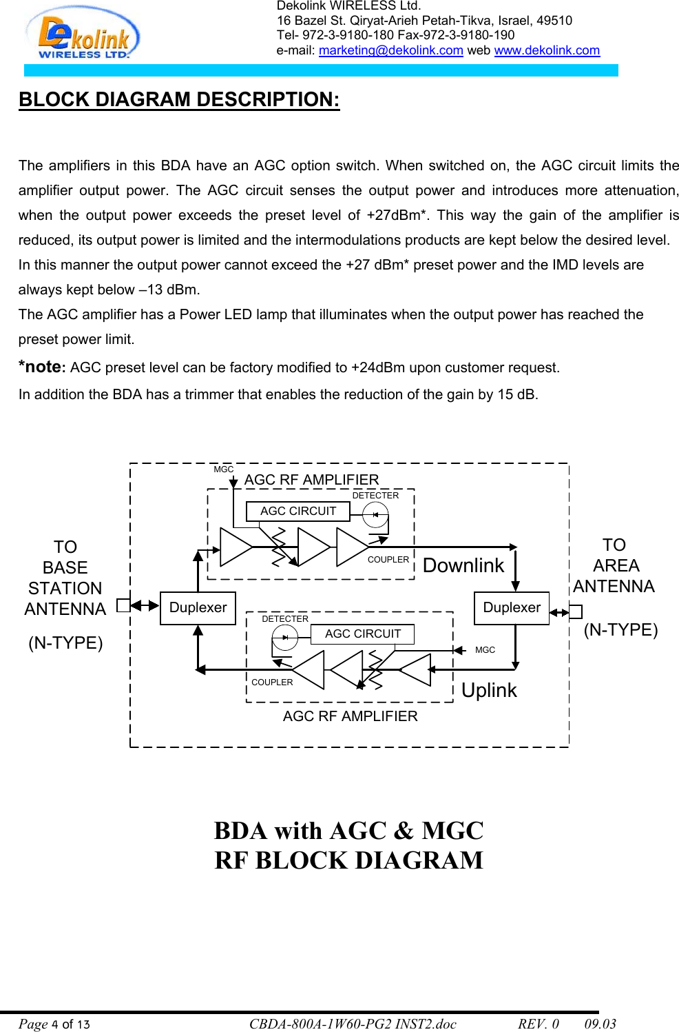 Dekolink WIRELESS Ltd. 16 Bazel St. Qiryat-Arieh Petah-Tikva, Israel, 49510 Tel- 972-3-9180-180 Fax-972-3- 190-9180  e-mail: marketing@dekolink.com web www.dekolink.com   BLOCK DIAGRAM DESCRIPTION:  The amplifiers in this BDA have an AGC option switch. When switched on, the AGC circuit limits the amplifier output power. The AGC circuit senses the output power and introduces more attenuation, when the output power exceeds the preset level of +27dBm*. This way the gain of the amplifier is reduced, its output power is limited and the intermodulations products are kept below the desired level. In this manner the output power cannot exceed the +27 dBm* preset power and the IMD levels are always kept below –13 dBm. The AGC amplifier has a Power LED lamp that illuminates when the output power has reached the preset power limit. *note: AGC preset level can be factory modified to +24dBm upon customer request. In addition the BDA has a trimmer that enables the reduction of the gain by 15 dB.  DuplexerDownlinkDuplexerUplinkTOBASESTATIONANTENNATO AREAANTENNA(N-TYPE)(N-TYPE)AGC RF AMPLIFIERAGC CIRCUITDETECTERAGC CIRCUITDETECTERAGC RF AMPLIFIERCOUPLERCOUPLERMGCMGC  BDA with AGC &amp; MGC RF BLOCK DIAGRAM    Page 4 of 13                                        CBDA-800A-1W60-PG2 INST2.doc                 REV. 0       09.03 