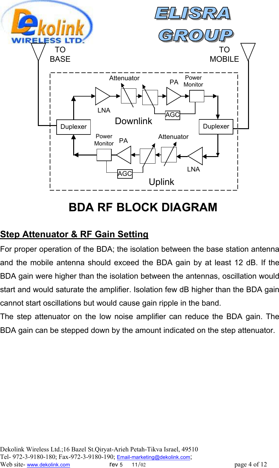  DuplexerDownlinkDuplexerUplinkLNAAttenuatorPowerMonitorPAAGCLNAAttenuatorPowerMonitorPAAGCBDA RF BLOCK DIAGRAMTOBASETOMOBILE  Step Attenuator &amp; RF Gain Setting For proper operation of the BDA; the isolation between the base station antenna and the mobile antenna should exceed the BDA gain by at least 12 dB. If the BDA gain were higher than the isolation between the antennas, oscillation would start and would saturate the amplifier. Isolation few dB higher than the BDA gain cannot start oscillations but would cause gain ripple in the band. The step attenuator on the low noise amplifier can reduce the BDA gain. The BDA gain can be stepped down by the amount indicated on the step attenuator. Dekolink Wireless Ltd.;16 Bazel St.Qiryat-Arieh Petah-Tikva Israel, 49510 Tel- 972-3-9180-180; Fax-972-3- 190-9180 ; Email-marketing@dekolink.com; Web site- www.dekolink.com                        rev 5     11/02                                                      page 4 of 12                       