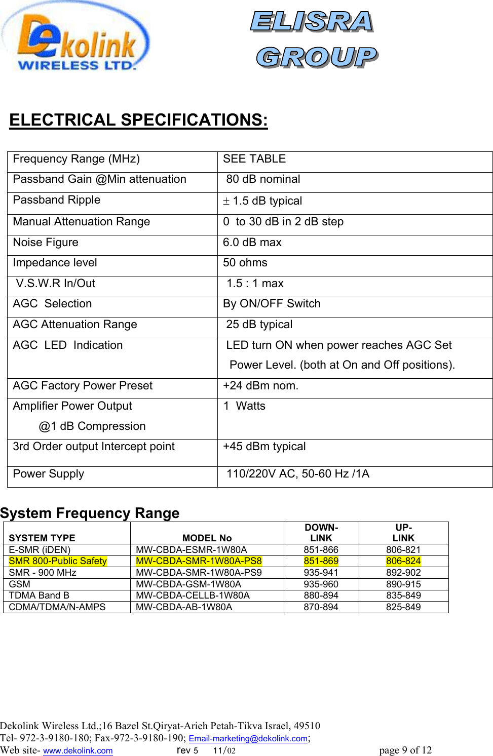  Dekolink Wireless Ltd.;16 Bazel St.Qiryat-Arieh Petah-Tikva Israel, 49510 Tel- 972-3-9180-180; Fax-972-3- 190-9180 ; Email-marketing@dekolink.com   :ELECTRICAL SPECIFICATIONS    Frequency Range (MHz) SEE TABLEPassband Gain @Min attenuation  80 dB nominalPassband Ripple  ± 1.5 dB typical Manual Attenuation Range  0  to 30 dB in 2 dB step  Noise Figure 6.0 dB maxImpedance level 50 ohms V.S.W.R In/Out  1.5 : 1 maxAGC  Selection By ON/OFF SwitchAGC Attenuation Range   25 dB typicalAGC  LED  Indication  LED turn ON when power reaches AGC Set   Power Level. (both at On and Off positions).AGC Factory Power Preset +24 dBm nom.Amplifier Power Output           @1 dB Compression1  Watts 3rd Order output Intercept point +45 dBm typical    Power Supply     110/220V AC, 50-60 Hz /1A System Frequency Range   SYSTEM TYPE  MODEL No    DOWN- LINK  UP- LINK E-SMR (iDEN)  MW-CBDA-ESMR-1W80A  851-866     806-821    SMR 800-Public Safety  MW-CBDA-SMR-1W80A-PS8  851-869     806-824    SMR - 900 MHz  MW-CBDA-SMR-1W80A-PS9  935-941     892-902    GSM  MW-CBDA-GSM-1W80A  935-960     890-915    TDMA Band B  MW-CBDA-CELLB-1W80A  880-894      835-849    CDMA/TDMA/N-AMPS  MW-CBDA-AB-1W80A  870-894   825-849     ; Web site- www.dekolink.com                        rev 5     11/02                                                      page 9 of 12                       