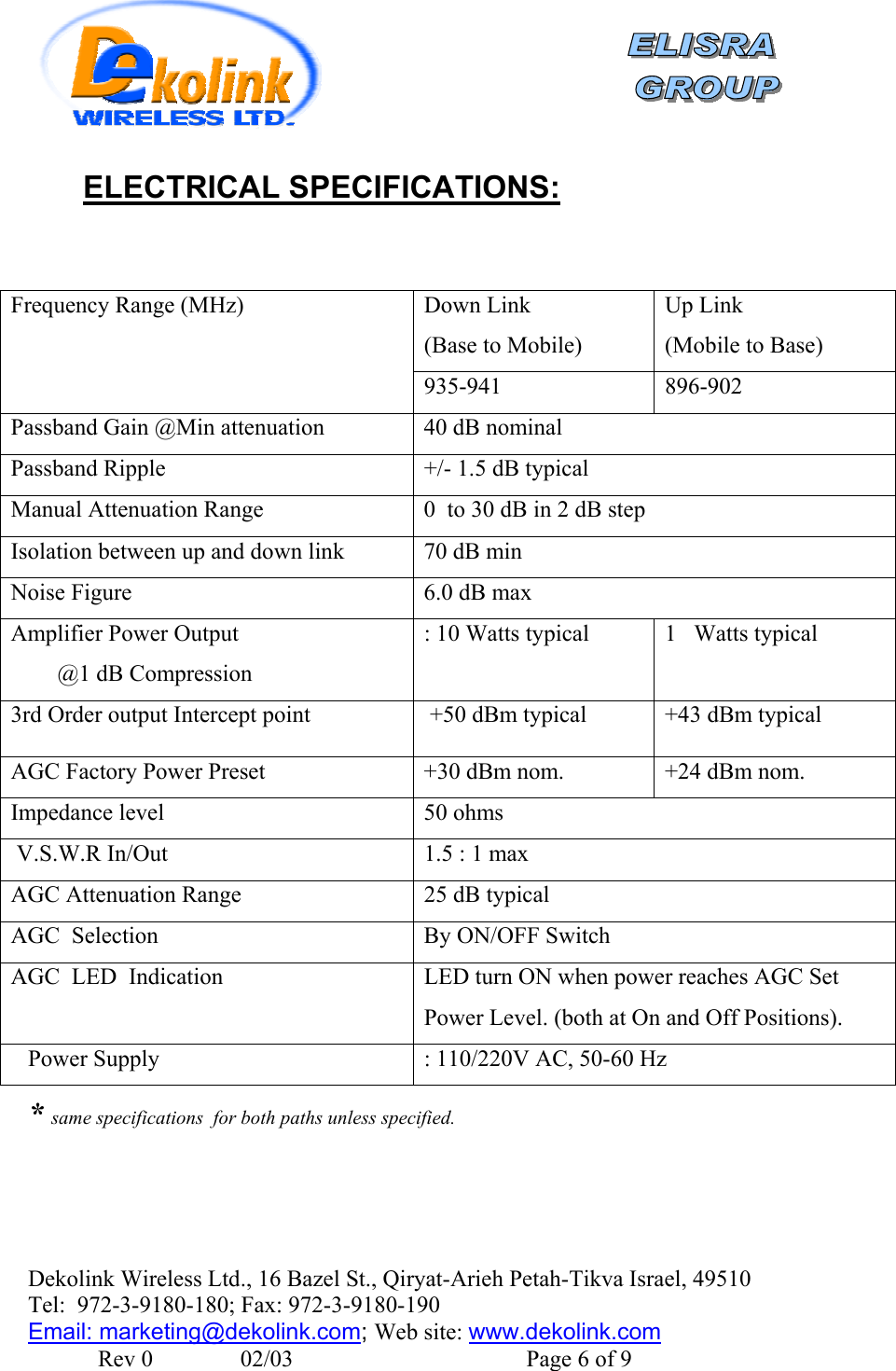    Dekolink Wireless Ltd., 16 Bazel St., Qiryat-Arieh Petah-Tikva Israel, 49510 Tel:  972-3-9180-180; Fax: 972-3- 190-9180  Email: marketing@dekolink.com:ELECTRICAL SPECIFICATIONS                  Down Link (Base to Mobile) Up Link (Mobile to Base) Frequency Range (MHz) 935-941 896-902 Passband Gain @Min attenuation  40 dB nominal Passband Ripple  +/- 1.5 dB typical Manual Attenuation Range   0  to 30 dB in 2 dB step Isolation between up and down link  70 dB min Noise Figure  6.0 dB max Amplifier Power Output            @1 dB Compression : 10 Watts typical  1   Watts typical 3rd Order output Intercept point   +50 dBm typical  +43 dBm typical AGC Factory Power Preset   +30 dBm nom.  +24 dBm nom. Impedance level  50 ohms  V.S.W.R In/Out  1.5 : 1 max AGC Attenuation Range   25 dB typical AGC  Selection  By ON/OFF Switch AGC  LED  Indication  LED turn ON when power reaches AGC Set Power Level. (both at On and Off Positions). Power Supply   : 110/220V AC, 50-60 Hz * same specifications  for both paths unless specified.        ; Web site: www.dekolink.com               Rev 0               02/03                                        Page 6 of 9 