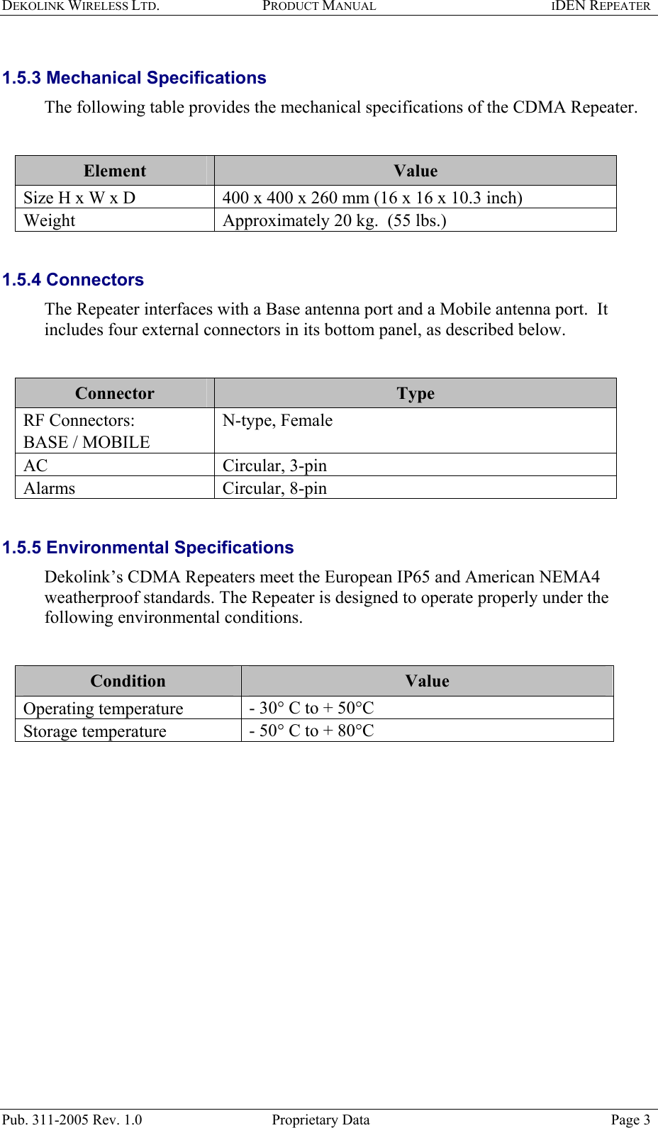 DEKOLINK WIRELESS LTD. PRODUCT MANUAL IDEN REPEATER   1.5.3 Mechanical Specifications The following table provides the mechanical specifications of the CDMA Repeater.  Element  Value Size H x W x D   400 x 400 x 260 mm (16 x 16 x 10.3 inch) Weight  Approximately 20 kg.  (55 lbs.)  1.5.4 Connectors The Repeater interfaces with a Base antenna port and a Mobile antenna port.  It includes four external connectors in its bottom panel, as described below.   Connector   Type RF Connectors:  BASE / MOBILE  N-type, Female  AC   Circular, 3-pin  Alarms   Circular, 8-pin   1.5.5 Environmental Specifications Dekolink’s CDMA Repeaters meet the European IP65 and American NEMA4 weatherproof standards. The Repeater is designed to operate properly under the following environmental conditions.   Condition  Value Operating temperature  - 30° C to + 50°C Storage temperature  - 50° C to + 80°C   Pub. 311-2005 Rev. 1.0  Proprietary Data  Page 3 