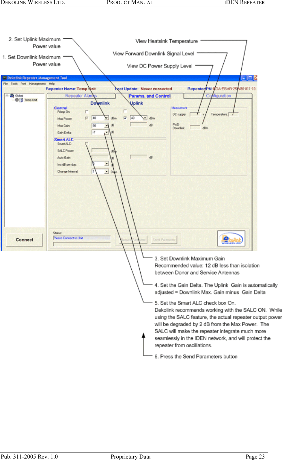 DEKOLINK WIRELESS LTD. PRODUCT MANUAL IDEN REPEATER      Pub. 311-2005 Rev. 1.0  Proprietary Data  Page 23 