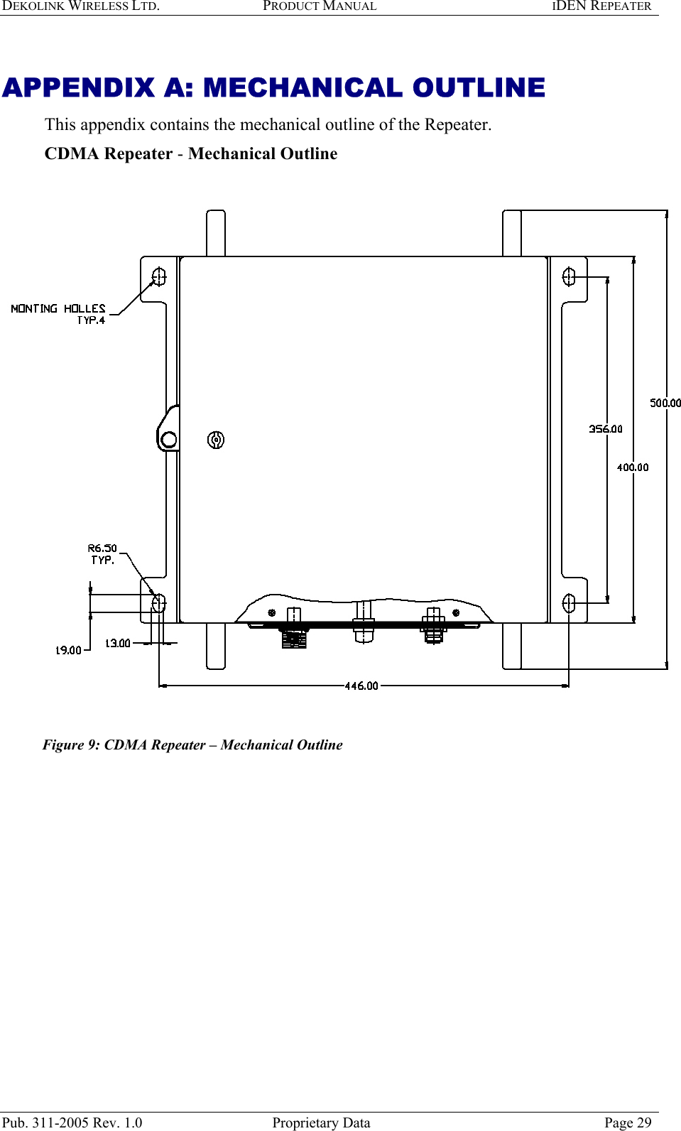 DEKOLINK WIRELESS LTD. PRODUCT MANUAL IDEN REPEATER   APPENDIX A: MECHANICAL OUTLINE This appendix contains the mechanical outline of the Repeater.  CDMA Repeater - Mechanical Outline     Figure 9: CDMA Repeater – Mechanical Outline   Pub. 311-2005 Rev. 1.0  Proprietary Data  Page 29 