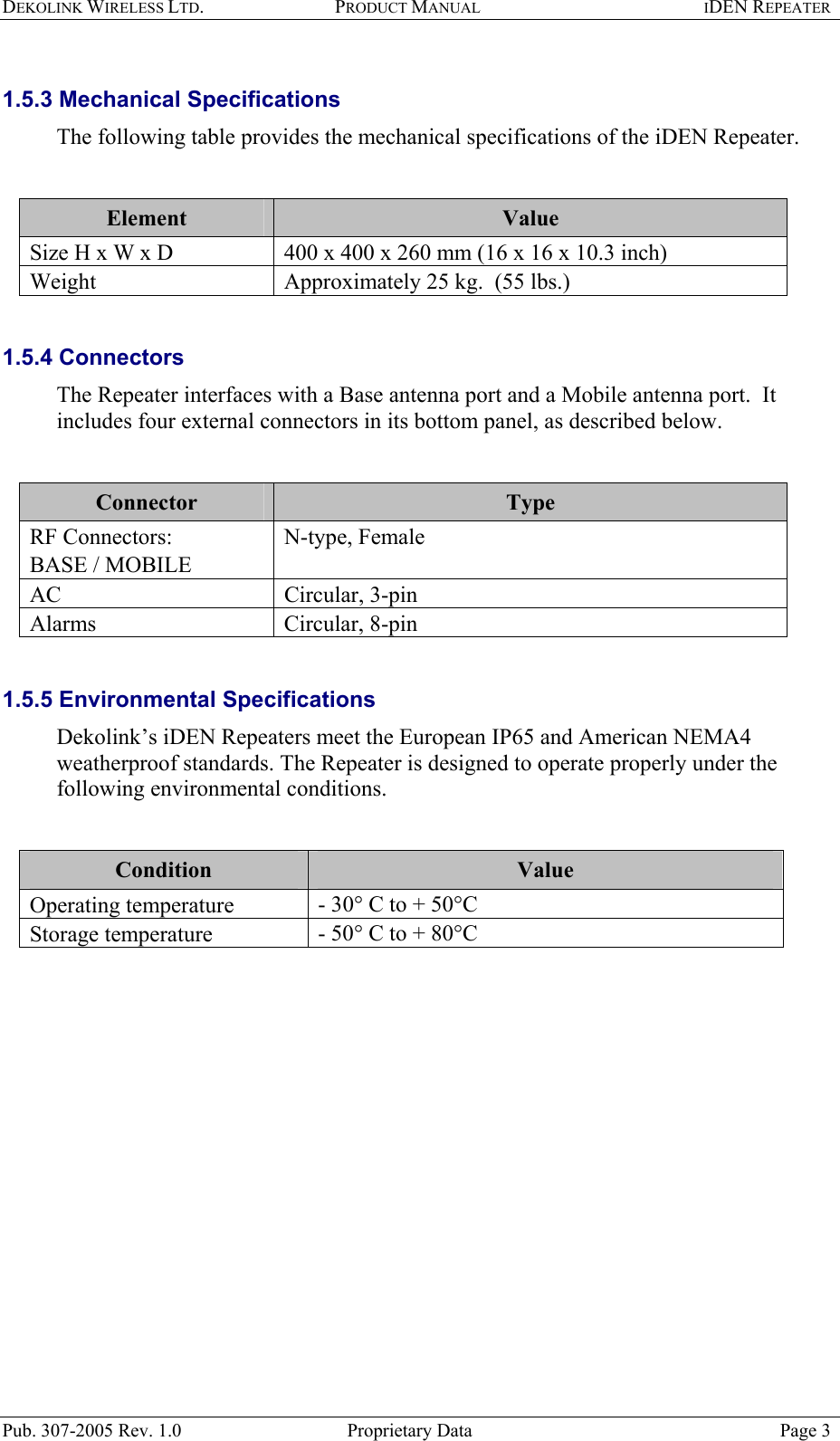 DEKOLINK WIRELESS LTD. PRODUCT MANUAL IDEN REPEATER   1.5.3 Mechanical Specifications The following table provides the mechanical specifications of the iDEN Repeater.  Element  Value Size H x W x D   400 x 400 x 260 mm (16 x 16 x 10.3 inch) Weight  Approximately 25 kg.  (55 lbs.)  1.5.4 Connectors The Repeater interfaces with a Base antenna port and a Mobile antenna port.  It includes four external connectors in its bottom panel, as described below.   Connector   Type RF Connectors:  BASE / MOBILE  N-type, Female  AC   Circular, 3-pin  Alarms   Circular, 8-pin   1.5.5 Environmental Specifications Dekolink’s iDEN Repeaters meet the European IP65 and American NEMA4 weatherproof standards. The Repeater is designed to operate properly under the following environmental conditions.   Condition  Value Operating temperature  - 30° C to + 50°C Storage temperature  - 50° C to + 80°C   Pub. 307-2005 Rev. 1.0  Proprietary Data  Page 3 