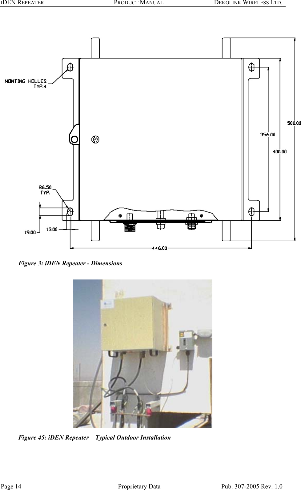 IDEN REPEATER PRODUCT MANUAL DEKOLINK WIRELESS LTD.     Figure 3: iDEN Repeater - Dimensions   Figure 45: iDEN Repeater – Typical Outdoor Installation   Page 14  Proprietary Data  Pub. 307-2005 Rev. 1.0 