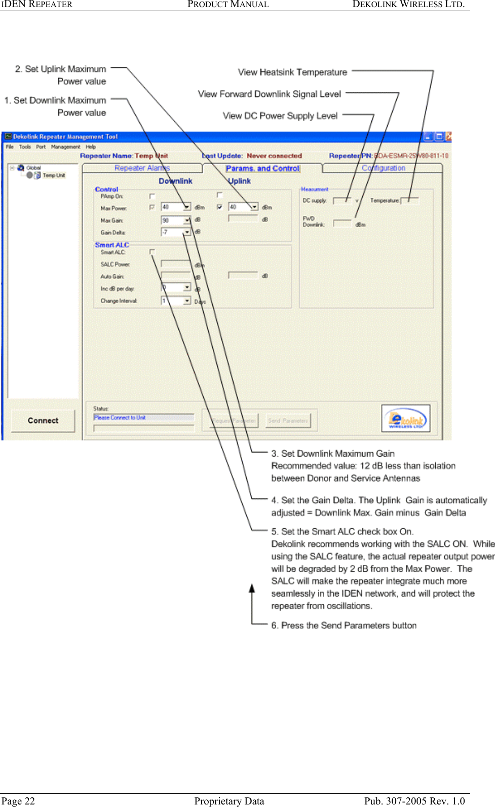 IDEN REPEATER PRODUCT MANUAL DEKOLINK WIRELESS LTD.      Page 22  Proprietary Data  Pub. 307-2005 Rev. 1.0 