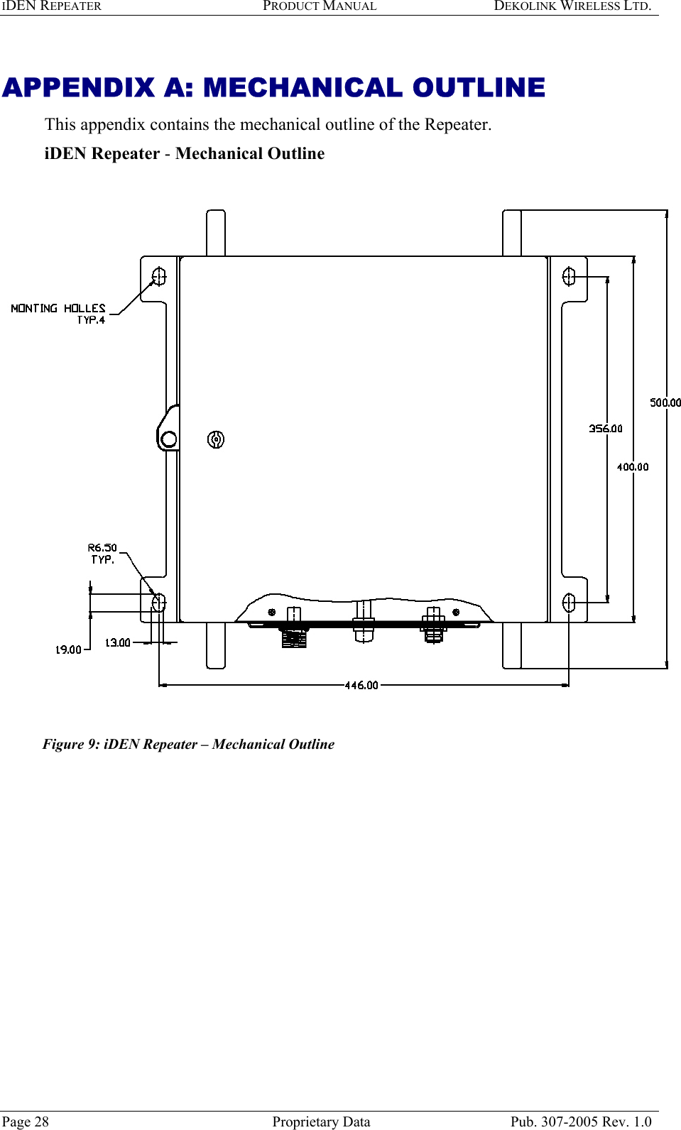 IDEN REPEATER PRODUCT MANUAL DEKOLINK WIRELESS LTD.   APPENDIX A: MECHANICAL OUTLINE This appendix contains the mechanical outline of the Repeater.  iDEN Repeater - Mechanical Outline     Figure 9: iDEN Repeater – Mechanical Outline   Page 28  Proprietary Data  Pub. 307-2005 Rev. 1.0 