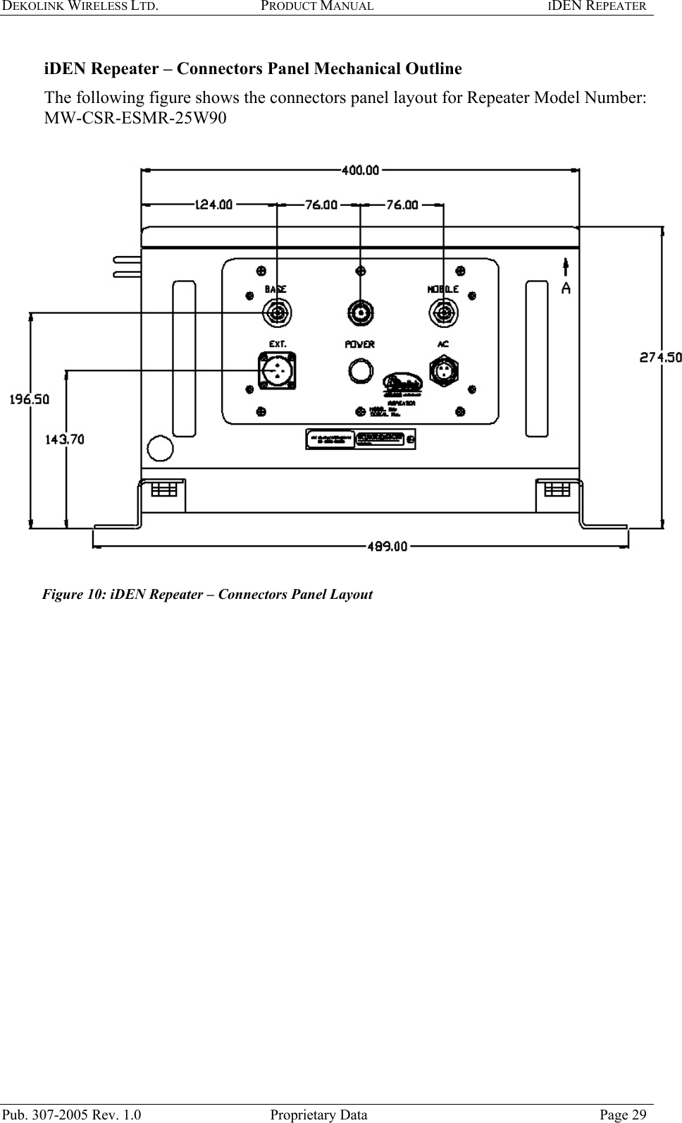 DEKOLINK WIRELESS LTD. PRODUCT MANUAL IDEN REPEATER   iDEN Repeater – Connectors Panel Mechanical Outline  The following figure shows the connectors panel layout for Repeater Model Number:  MW-CSR-ESMR-25W90    Figure 10: iDEN Repeater – Connectors Panel Layout    Pub. 307-2005 Rev. 1.0  Proprietary Data  Page 29 