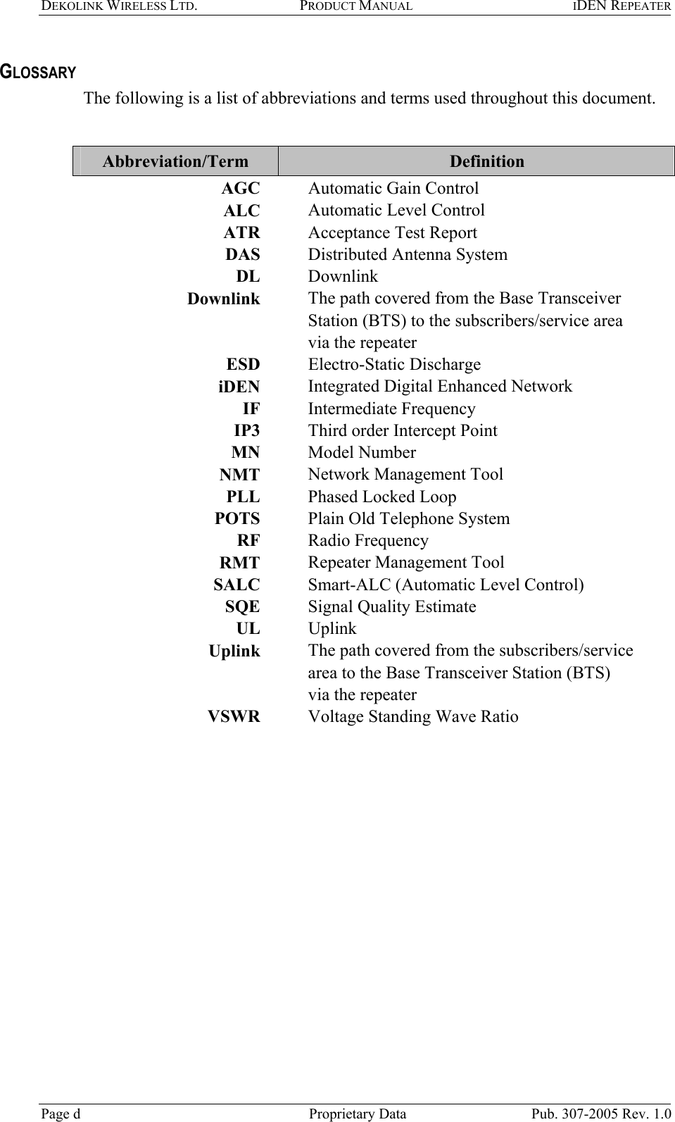 DEKOLINK WIRELESS LTD. PRODUCT MANUAL IDEN REPEATER   GLOSSARY The following is a list of abbreviations and terms used throughout this document.  Abbreviation/Term   Definition AGC    Automatic Gain Control  ALC    Automatic Level Control  ATR    Acceptance Test Report DAS     Distributed Antenna System DL   Downlink Downlink    The path covered from the Base Transceiver Station (BTS) to the subscribers/service area via the repeater ESD   Electro-Static Discharge iDEN    Integrated Digital Enhanced Network IF   Intermediate Frequency IP3    Third order Intercept Point  MN   Model Number NMT    Network Management Tool PLL    Phased Locked Loop POTS    Plain Old Telephone System RF   Radio Frequency RMT     Repeater Management Tool SALC     Smart-ALC (Automatic Level Control) SQE     Signal Quality Estimate UL    Uplink  Uplink    The path covered from the subscribers/service area to the Base Transceiver Station (BTS) via the repeater VSWR    Voltage Standing Wave Ratio   Page d   Proprietary Data  Pub. 307-2005 Rev. 1.0 