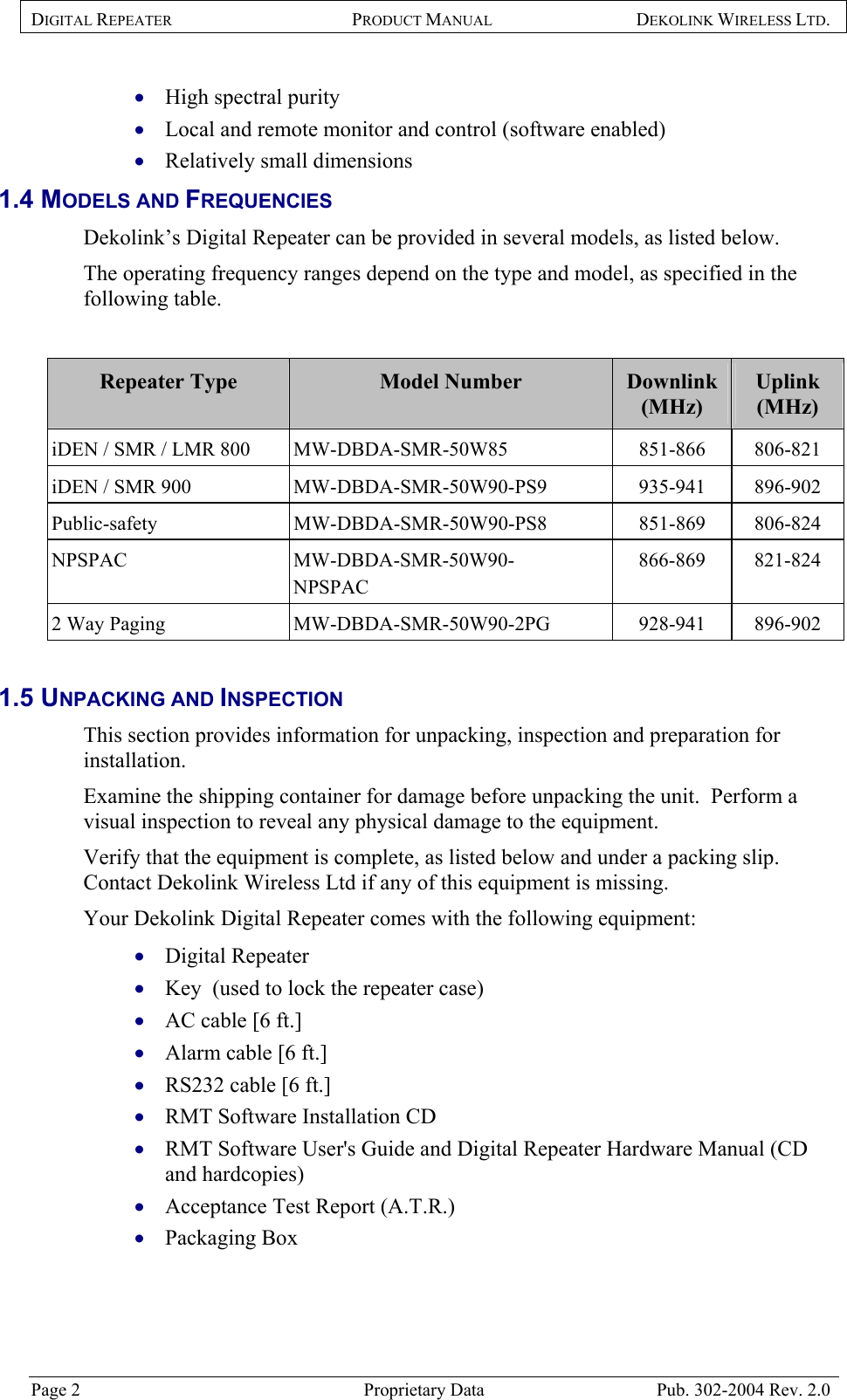 DIGITAL REPEATER PRODUCT MANUAL DEKOLINK WIRELESS LTD.   High spectral purity  • • • Local and remote monitor and control (software enabled) Relatively small dimensions 1.4 MODELS AND FREQUENCIES Dekolink’s Digital Repeater can be provided in several models, as listed below.  The operating frequency ranges depend on the type and model, as specified in the following table.   Repeater Type  Model Number  Downlink  (MHz) Uplink  (MHz) iDEN / SMR / LMR 800  MW-DBDA-SMR-50W85  851-866  806-821 iDEN / SMR 900  MW-DBDA-SMR-50W90-PS9  935-941  896-902 Public-safety MW-DBDA-SMR-50W90-PS8 851-869 806-824 NPSPAC MW-DBDA-SMR-50W90-NPSPAC 866-869 821-824 2 Way Paging  MW-DBDA-SMR-50W90-2PG  928-941  896-902  1.5 UNPACKING AND INSPECTION  This section provides information for unpacking, inspection and preparation for installation.  Examine the shipping container for damage before unpacking the unit.  Perform a visual inspection to reveal any physical damage to the equipment.   Verify that the equipment is complete, as listed below and under a packing slip.  Contact Dekolink Wireless Ltd if any of this equipment is missing.  Your Dekolink Digital Repeater comes with the following equipment:   Digital Repeater • • • • • • • • • Key  (used to lock the repeater case) AC cable [6 ft.]  Alarm cable [6 ft.] RS232 cable [6 ft.] RMT Software Installation CD RMT Software User&apos;s Guide and Digital Repeater Hardware Manual (CD and hardcopies) Acceptance Test Report (A.T.R.) Packaging Box   Page 2  Proprietary Data  Pub. 302-2004 Rev. 2.0 