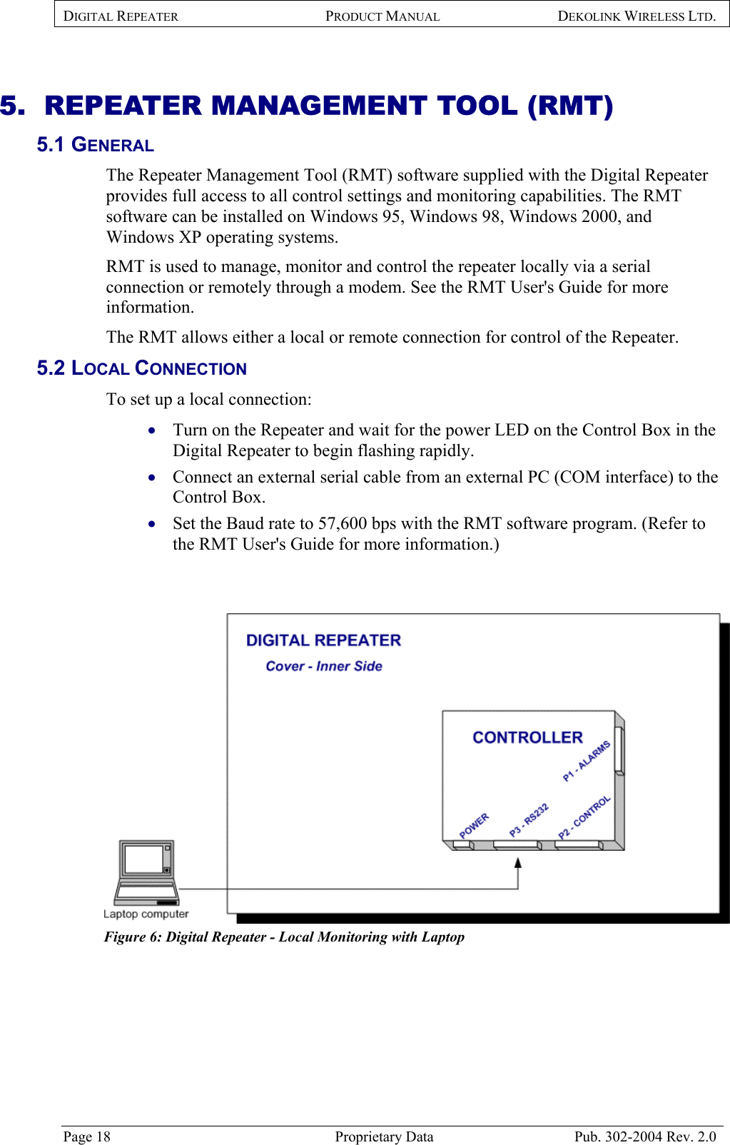 DIGITAL REPEATER PRODUCT MANUAL DEKOLINK WIRELESS LTD.   5.  REPEATER MANAGEMENT TOOL (RMT) 5.1 GENERAL The Repeater Management Tool (RMT) software supplied with the Digital Repeater provides full access to all control settings and monitoring capabilities. The RMT software can be installed on Windows 95, Windows 98, Windows 2000, and Windows XP operating systems. RMT is used to manage, monitor and control the repeater locally via a serial connection or remotely through a modem. See the RMT User&apos;s Guide for more information. The RMT allows either a local or remote connection for control of the Repeater.  5.2 LOCAL CONNECTION To set up a local connection: Turn on the Repeater and wait for the power LED on the Control Box in the Digital Repeater to begin flashing rapidly. • • • Connect an external serial cable from an external PC (COM interface) to the Control Box.  Set the Baud rate to 57,600 bps with the RMT software program. (Refer to the RMT User&apos;s Guide for more information.)    Figure 6: Digital Repeater - Local Monitoring with Laptop   Page 18  Proprietary Data  Pub. 302-2004 Rev. 2.0 