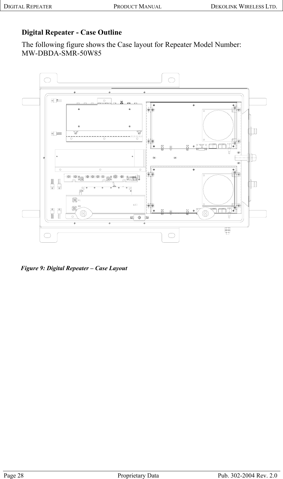 DIGITAL REPEATER PRODUCT MANUAL DEKOLINK WIRELESS LTD.   Digital Repeater - Case Outline  The following figure shows the Case layout for Repeater Model Number:  MW-DBDA-SMR-50W85    Figure 9: Digital Repeater – Case Layout    Page 28  Proprietary Data  Pub. 302-2004 Rev. 2.0 