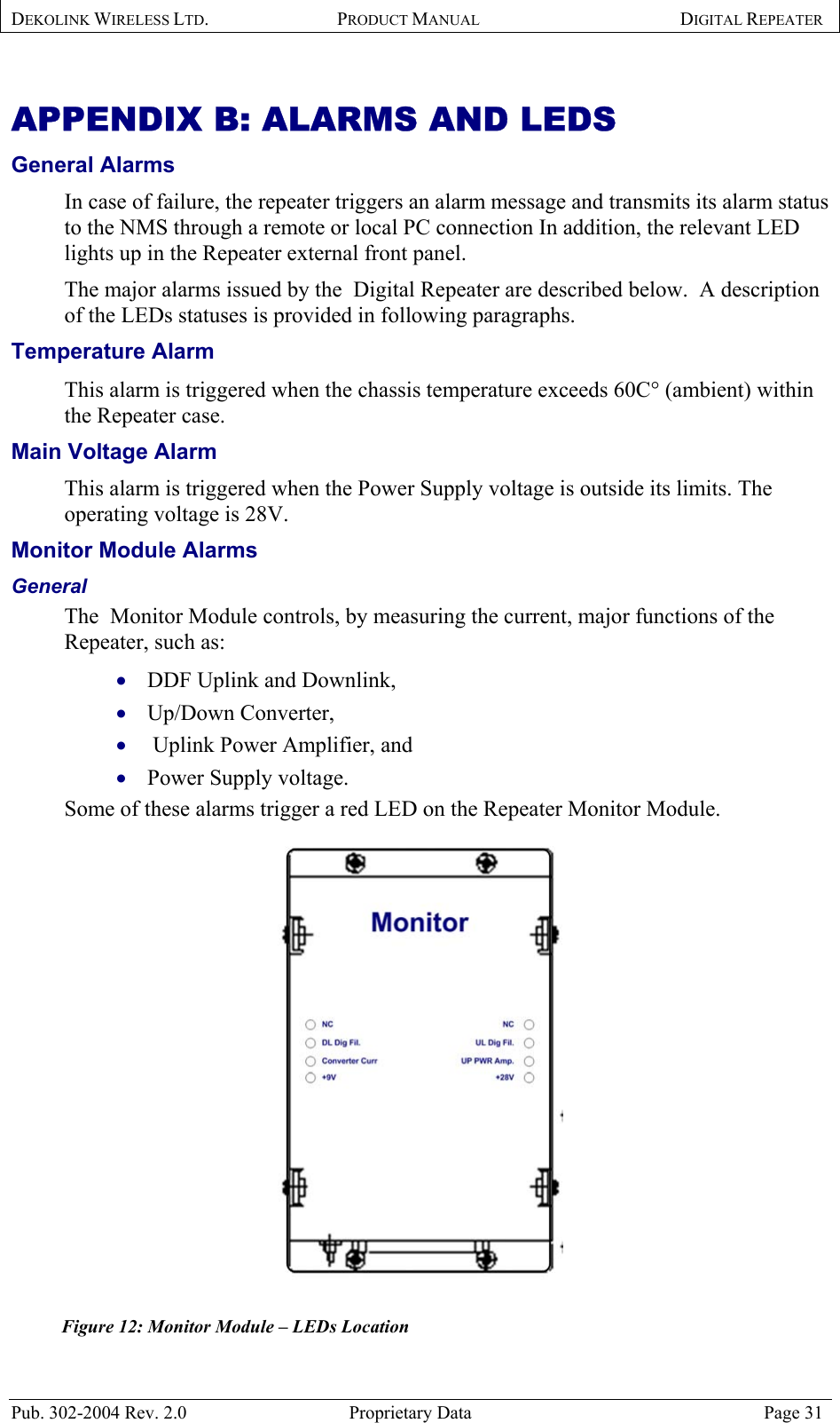 DEKOLINK WIRELESS LTD. PRODUCT MANUAL DIGITAL REPEATER   APPENDIX B: ALARMS AND LEDS  General Alarms  In case of failure, the repeater triggers an alarm message and transmits its alarm status to the NMS through a remote or local PC connection In addition, the relevant LED lights up in the Repeater external front panel.  The major alarms issued by the  Digital Repeater are described below.  A description of the LEDs statuses is provided in following paragraphs.  Temperature Alarm  This alarm is triggered when the chassis temperature exceeds 60C° (ambient) within the Repeater case. Main Voltage Alarm  This alarm is triggered when the Power Supply voltage is outside its limits. The operating voltage is 28V. Monitor Module Alarms  General  The  Monitor Module controls, by measuring the current, major functions of the Repeater, such as:  DDF Uplink and Downlink,  • • • • Up/Down Converter,  Uplink Power Amplifier, and  Power Supply voltage.  Some of these alarms trigger a red LED on the Repeater Monitor Module.  Figure 12: Monitor Module – LEDs Location Pub. 302-2004 Rev. 2.0  Proprietary Data  Page 31 