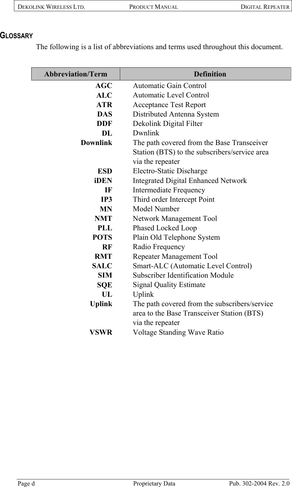 DEKOLINK WIRELESS LTD. PRODUCT MANUAL DIGITAL REPEATER   GLOSSARY The following is a list of abbreviations and terms used throughout this document.  Abbreviation/Term   Definition AGC    Automatic Gain Control  ALC    Automatic Level Control  ATR    Acceptance Test Report DAS     Distributed Antenna System DDF    Dekolink Digital Filter DL   Dwnlink Downlink    The path covered from the Base Transceiver Station (BTS) to the subscribers/service area via the repeater ESD   Electro-Static Discharge iDEN    Integrated Digital Enhanced Network IF   Intermediate Frequency IP3    Third order Intercept Point  MN   Model Number NMT    Network Management Tool PLL    Phased Locked Loop POTS    Plain Old Telephone System RF   Radio Frequency RMT     Repeater Management Tool SALC     Smart-ALC (Automatic Level Control) SIM    Subscriber Identification Module SQE     Signal Quality Estimate UL    Uplink  Uplink    The path covered from the subscribers/service area to the Base Transceiver Station (BTS) via the repeater VSWR    Voltage Standing Wave Ratio   Page d   Proprietary Data  Pub. 302-2004 Rev. 2.0 