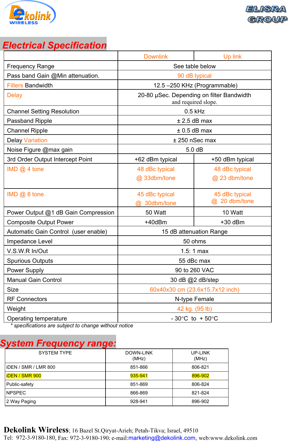    Electrical Specification  Downlink Up link Frequency Range See table below Pass band Gain @Min attenuation.  90 dB typical  Filters Bandwidth   12.5 –250 KHz (Programmable) Delay   20-80 µSec. Depending on filter Bandwidth and required slope. Channel Setting Resolution  0.5 kHz Passband Ripple  ± 2.5 dB max Channel Ripple  ± 0.5 dB max Delay Variation  ± 250 nSec max Noise Figure @max gain  5.0 dB  3rd Order Output Intercept Point  +62 dBm typical  +50 dBm typical IMD @ 4 tone  48 dBc typical @ 33dbm/tone  48 dBc typical @ 23 dbm/tone  IMD @ 8 tone  45 dBc typical @  30dbm/tone 45 dBc typical @  20 dbm/tone Power Output @1 dB Gain Compression  50 Watt  10 Watt Composite Output Power  +40dBm  +30 dBm Automatic Gain Control  (user enable)  15 dB attenuation Range Impedance Level  50 ohms V.S.W.R In/Out  1.5: 1 max Spurious Outputs  55 dBc max Power Supply  90 to 260 VAC Manual Gain Control  30 dB @2 dB/step Size  60x40x30 cm (23.6x15.7x12 inch) RF Connectors  N-type Female Weight  42 kg. (95 lb) Operating temperature  - 30°C  to  + 50°C * specifications are subject to change without notice  System Frequency range: SYSTEM TYPE DOWN-LINK (MHz) UP-LINK (MHz) iDEN / SMR / LMR 800  851-866 806-821 iDEN / SMR 900 935-941 896-902 Public-safety 851-869 806-824 NPSPEC 866-869 821-824 2 Way Paging 928-941 896-902  Dekolink Wireless; 16 Bazel St.Qiryat-Arieh; Petah-Tikva; Israel, 49510 Tel:  972-3-9180-180, Fax: 972-3- 190-9180 ; e-mail:marketing@dekolink.com, web:www.dekolink.com 