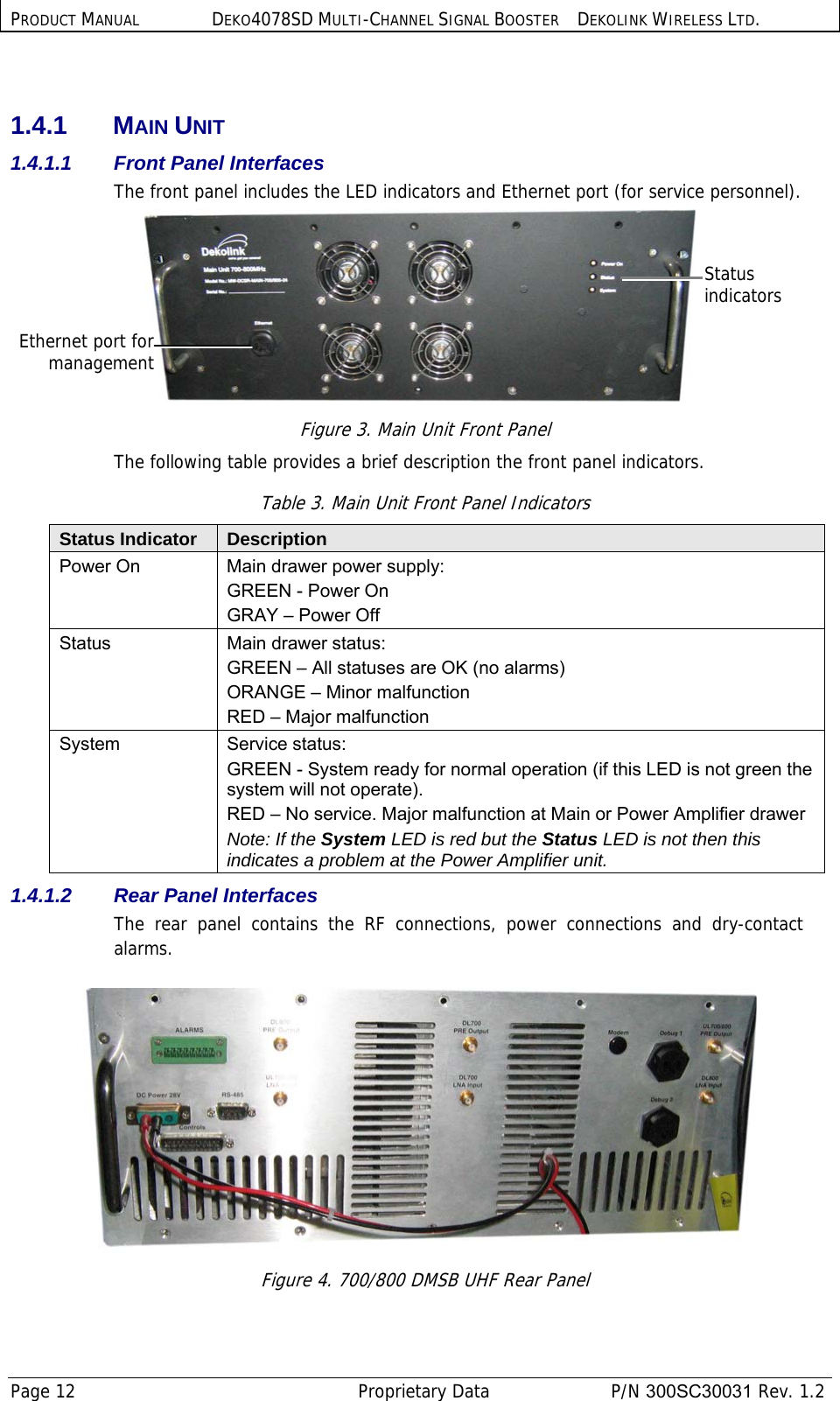 PRODUCT MANUAL DEKO4078SD MULTI-CHANNEL SIGNAL BOOSTER DEKOLINK WIRELESS LTD. Page 12   Proprietary Data  P/N 300SC30031 Rev. 1.2  1.4.1 MAIN UNIT 1.4.1.1  Front Panel Interfaces The front panel includes the LED indicators and Ethernet port (for service personnel).  Figure 3. Main Unit Front Panel The following table provides a brief description the front panel indicators.  Table 3. Main Unit Front Panel Indicators Status Indicator  Description Power On  Main drawer power supply: GREEN - Power On GRAY – Power Off Status Main drawer status: GREEN – All statuses are OK (no alarms) ORANGE – Minor malfunction  RED – Major malfunction  System Service status: GREEN - System ready for normal operation (if this LED is not green the system will not operate).  RED – No service. Major malfunction at Main or Power Amplifier drawer  Note: If the System LED is red but the Status LED is not then this indicates a problem at the Power Amplifier unit. 1.4.1.2 Rear Panel Interfaces The rear panel contains the RF connections, power connections and dry-contact alarms.     Figure 4. 700/800 DMSB UHF Rear Panel Status indicators Ethernet port formanagement