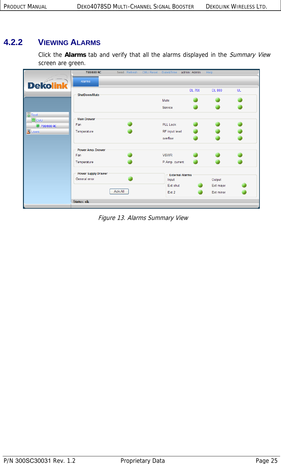 PRODUCT MANUAL DEKO4078SD MULTI-CHANNEL SIGNAL BOOSTER DEKOLINK WIRELESS LTD.  P/N 300SC30031 Rev. 1.2  Proprietary Data  Page 25   4.2.2 VIEWING ALARMS Click the Alarms tab and verify that all the alarms displayed in the Summary View screen are green.  Figure 13. Alarms Summary View 