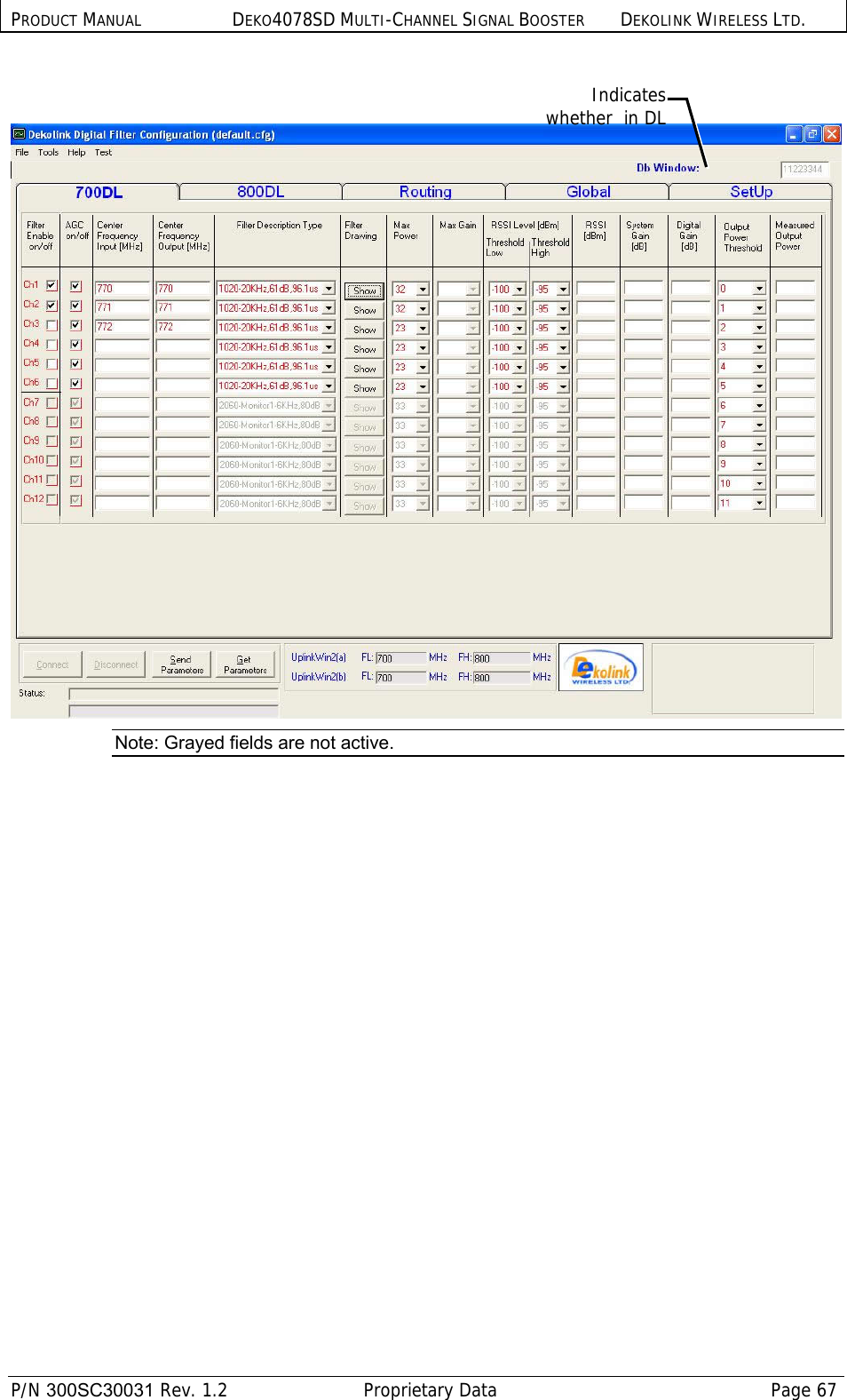 PRODUCT MANUAL DEKO4078SD MULTI-CHANNEL SIGNAL BOOSTER DEKOLINK WIRELESS LTD.  P/N 300SC30031 Rev. 1.2  Proprietary Data  Page 67      Note: Grayed fields are not active.  Indicates whether  in DL 