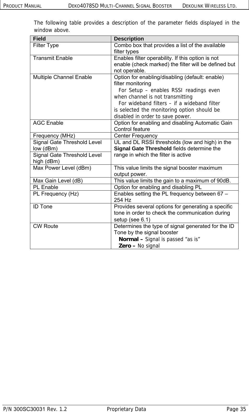 PRODUCT MANUAL DEKO4078SD MULTI-CHANNEL SIGNAL BOOSTER DEKOLINK WIRELESS LTD.  P/N 300SC30031 Rev. 1.2  Proprietary Data  Page 35  The following table provides a description of the parameter fields displayed in the window above. Field  Description Filter Type  Combo box that provides a list of the available filter types Transmit Enable  Enables filter operability. If this option is not enable (check marked) the filter will be defined but not operable. Multiple Channel Enable  Option for enabling/disabling (default: enable) filter monitoring   For Setup – enables RSSI readings even when channel is not transmitting  For wideband filters – if a wideband filter is selected the monitoring option should be disabled in order to save power. AGC Enable  Option for enabling and disabling Automatic Gain Control feature Frequency (MHz)  Center Frequency Signal Gate Threshold Level low (dBm) UL and DL RSSI thresholds (low and high) in the Signal Gate Threshold fields determine the range in which the filter is active Signal Gate Threshold Level high (dBm) Max Power Level (dBm)  This value limits the signal booster maximum output power.  Max Gain Level (dB)  This value limits the gain to a maximum of 90dB. PL Enable  Option for enabling and disabling PL PL Frequency (Hz)  Enables setting the PL frequency between 67 – 254 Hz ID Tone  Provides several options for generating a specific tone in order to check the communication during setup (see  6.1) CW Route  Determines the type of signal generated for the ID Tone by the signal booster  Normal – Signal is passed “as is” Zero – No signal  