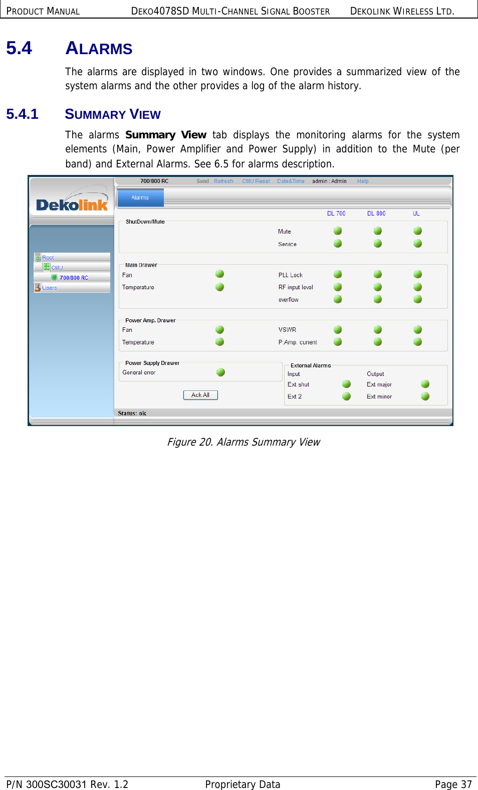 PRODUCT MANUAL DEKO4078SD MULTI-CHANNEL SIGNAL BOOSTER DEKOLINK WIRELESS LTD.  P/N 300SC30031 Rev. 1.2  Proprietary Data  Page 37  5.4 ALARMS The alarms are displayed in two windows. One provides a summarized view of the system alarms and the other provides a log of the alarm history. 5.4.1 SUMMARY VIEW The alarms Summary View tab displays the monitoring alarms for the system elements (Main, Power Amplifier and Power Supply) in addition to the Mute (per band) and External Alarms. See  6.5 for alarms description.  Figure 20. Alarms Summary View 