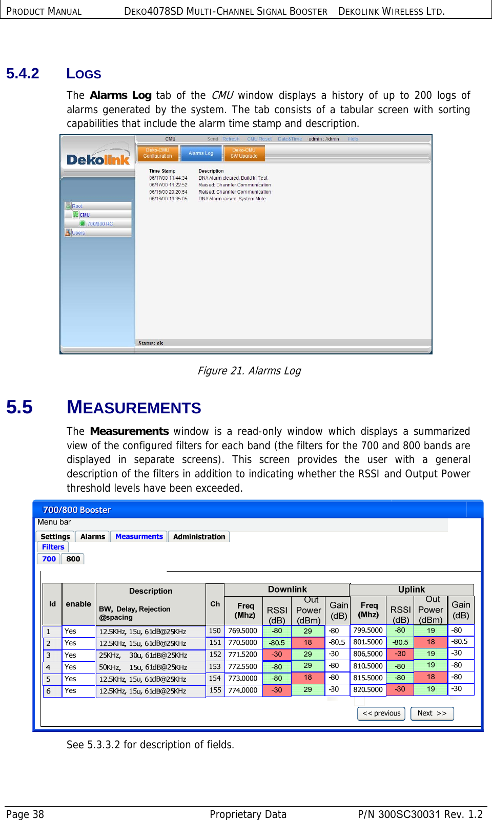 PRODUCT MANUAL DEKO4078SD MULTI-CHANNEL SIGNAL BOOSTER DEKOLINK WIRELESS LTD. Page 38   Proprietary Data  P/N 300SC30031 Rev. 1.2  5.4.2 LOGS The Alarms Log tab of the CMU window displays a history of up to 200 logs of alarms generated by the system. The tab consists of a tabular screen with sorting capabilities that include the alarm time stamp and description.  Figure 21. Alarms Log 5.5 MEASUREMENTS The Measurements window is a read-only window which displays a summarized view of the configured filters for each band (the filters for the 700 and 800 bands are displayed in separate screens). This screen provides the user with a general description of the filters in addition to indicating whether the RSSI and Output Power threshold levels have been exceeded.  See  5.3.3.2 for description of fields. 