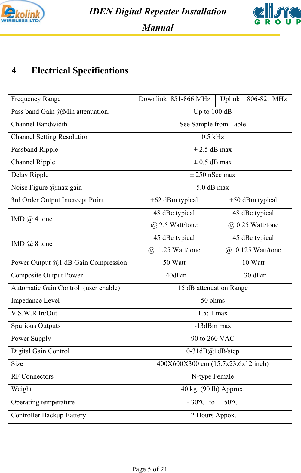  Page 5 of 21 IDEN Digital Repeater Installation Manual 4     Electrical Specifications  Frequency Range  Downlink  851-866 MHz  Uplink    806-821 MHz Pass band Gain @Min attenuation.  Up to 100 dB Channel Bandwidth  See Sample from Table Channel Setting Resolution  0.5 kHz Passband Ripple  ± 2.5 dB max Channel Ripple  ± 0.5 dB max Delay Ripple  ± 250 nSec max Noise Figure @max gain  5.0 dB max 3rd Order Output Intercept Point  +62 dBm typical  +50 dBm typical IMD @ 4 tone  48 dBc typical @ 2.5 Watt/tone 48 dBc typical @ 0.25 Watt/tone IMD @ 8 tone  45 dBc typical @  1.25 Watt/tone 45 dBc typical @  0.125 Watt/tone Power Output @1 dB Gain Compression  50 Watt  10 Watt Composite Output Power  +40dBm  +30 dBm Automatic Gain Control  (user enable)  15 dB attenuation Range Impedance Level  50 ohms V.S.W.R In/Out  1.5: 1 max Spurious Outputs  -13dBm max Power Supply  90 to 260 VAC Digital Gain Control 0-31dB@1dB/step Size  400X600X300 cm (15.7x23.6x12 inch) RF Connectors  N-type Female Weight  40 kg. (90 lb) Approx. Operating temperature  - 30°C  to  + 50°C Controller Backup Battery    2 Hours Appox.  