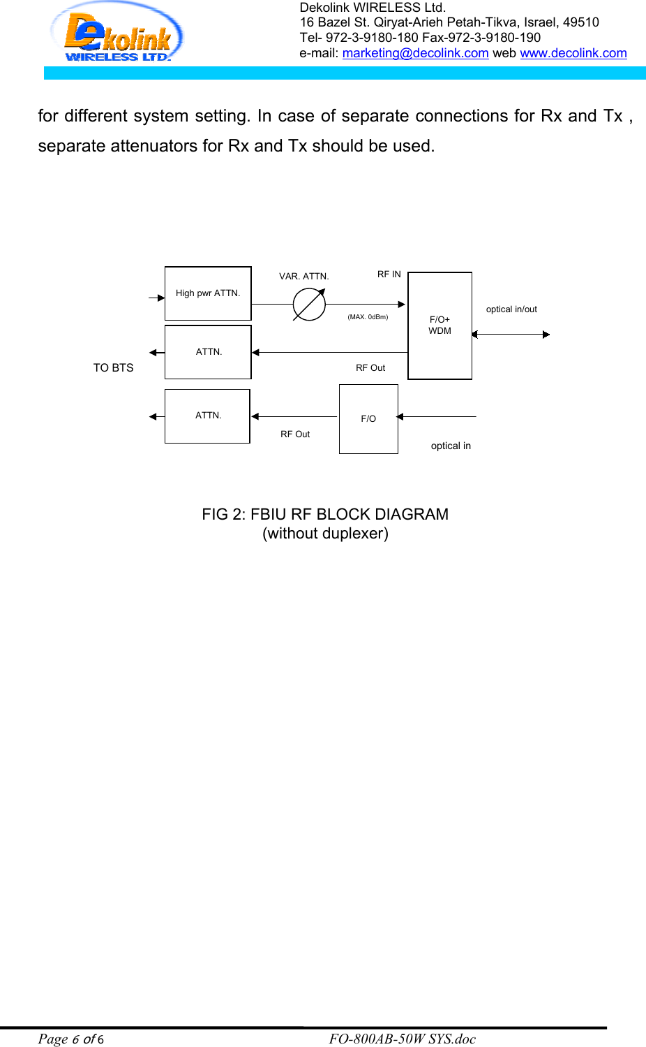 Dekolink WIRELESS Ltd. 16 Bazel St. Qiryat-Arieh Petah-Tikva, Israel, 49510 Tel- 972-3-9180-180 Fax-972-3- 190-9180  e-mail: marketing@decolink.com web www.decolink.com   for different system setting. In case of separate connections for Rx and Tx , separate attenuators for Rx and Tx should be used.    TO BTSFIG 2: FBIU RF BLOCK DIAGRAM(without duplexer)High pwr ATTN.F/O+WDMRF INRF Outoptical in/outoptical in ATTN.(MAX. 0dBm)F/ORF Out ATTN.VAR. ATTN.   Page 6 of 6                                                        FO-800AB-50W SYS.doc 