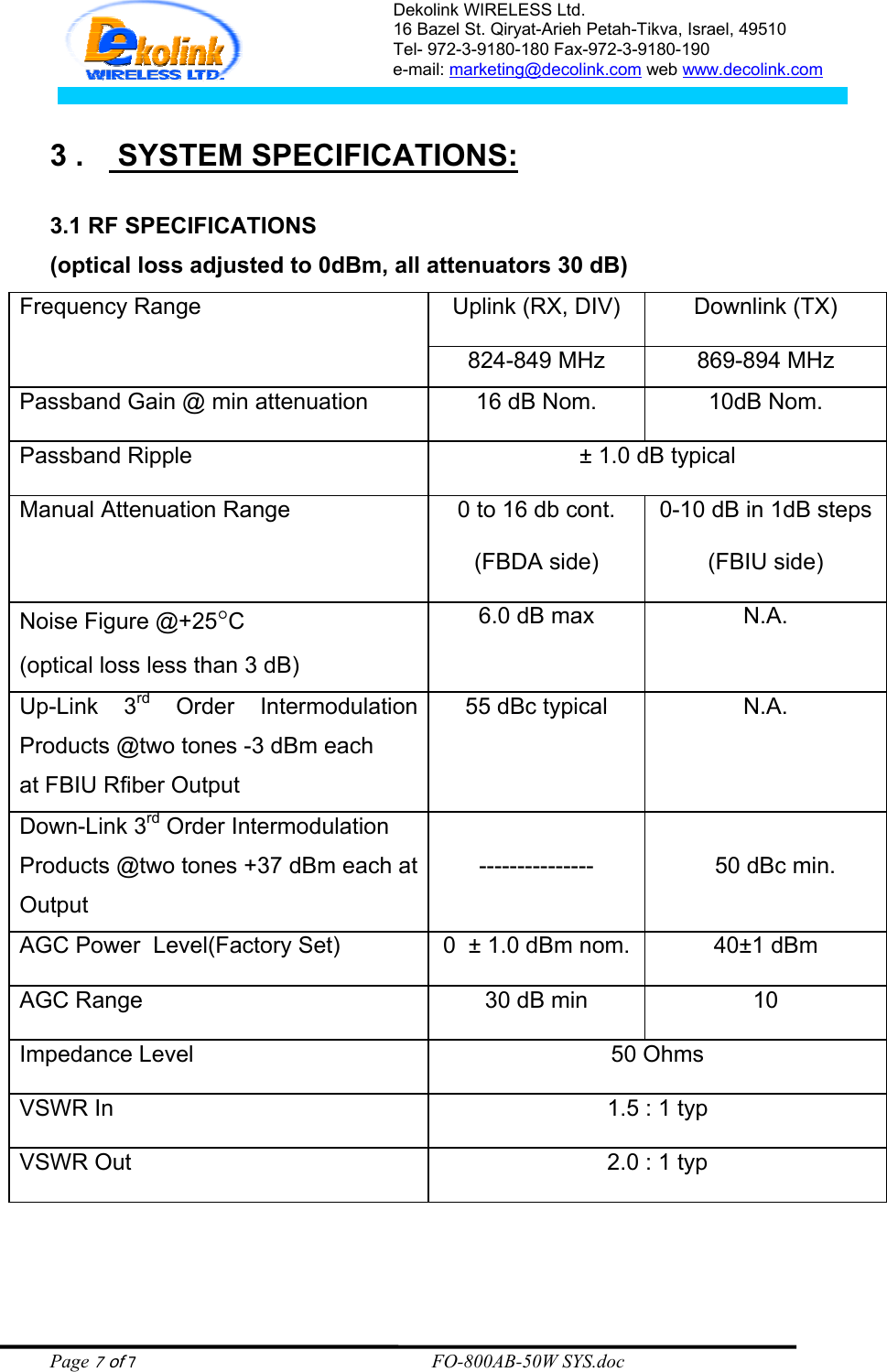 Dekolink WIRELESS Ltd. 16 Bazel St. Qiryat-Arieh Petah-Tikva, Israel, 49510 Tel- 972-3-9180-180 Fax-972-3- 190-9180  e-mail: marketing@decolink.com web www.decolink.com   3 .    SYSTEM SPECIFICATIONS:  3.1 RF SPECIFICATIONS (optical loss adjusted to 0dBm, all attenuators 30 dB) Uplink (RX, DIV)  Downlink (TX) Frequency Range  824-849 MHz  869-894 MHz Passband Gain @ min attenuation   16 dB Nom.  10dB Nom. Passband Ripple  ± 1.0 dB typical Manual Attenuation Range   0 to 16 db cont. (FBDA side) 0-10 dB in 1dB steps (FBIU side) Noise Figure @+25°C  (optical loss less than 3 dB) 6.0 dB max  N.A. Up-Link 3rd Order Intermodulation Products @two tones -3 dBm each  at FBIU Rfiber Output 55 dBc typical  N.A. Down-Link 3rd Order Intermodulation Products @two tones +37 dBm each at Output  ---------------     50 dBc min.  AGC Power  Level(Factory Set)  0  ± 1.0 dBm nom.  40±1 dBm AGC Range  30 dB min  10 Impedance Level  50 Ohms VSWR In   1.5 : 1 typ VSWR Out  2.0 : 1 typ  Page 7 of 7                                                        FO-800AB-50W SYS.doc 