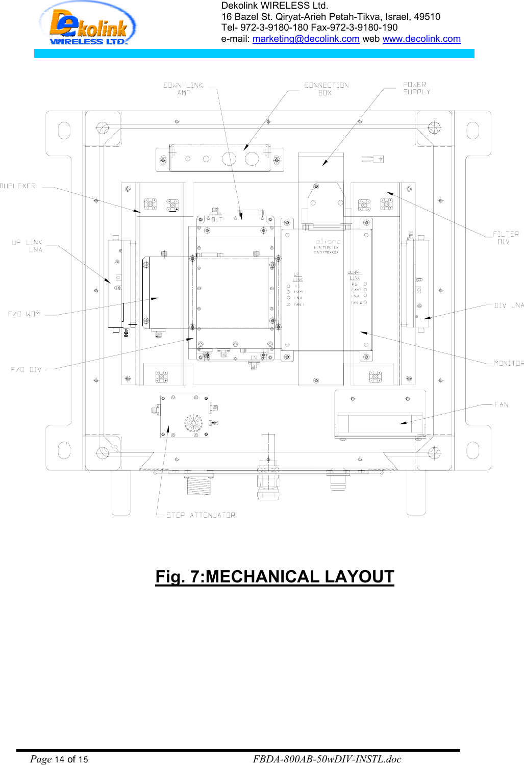 Dekolink WIRELESS Ltd. 16 Bazel St. Qiryat-Arieh Petah-Tikva, Israel, 49510 Tel- 972-3-9180-180 Fax-972-3- 190-9180  e-mail: marketing@decolink.com web www.decolink.com       Fig. 7:MECHANICAL LAYOUT Page 14 of 15                                                        FBDA-800AB-50wDIV-INSTL.doc 