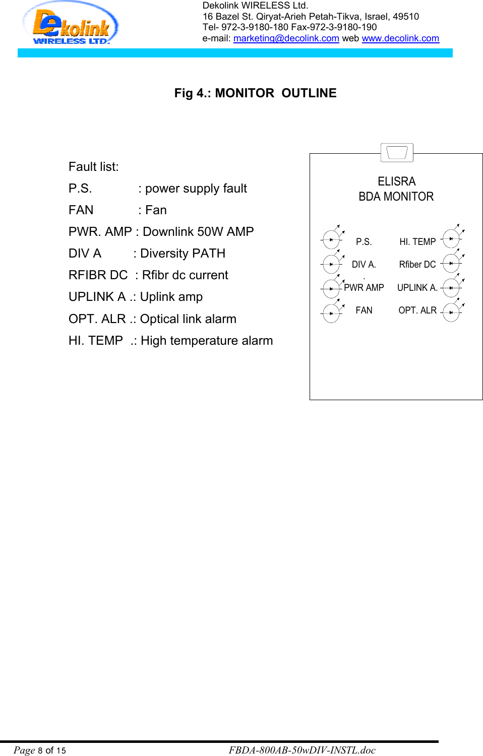 Dekolink WIRELESS Ltd. 16 Bazel St. Qiryat-Arieh Petah-Tikva, Israel, 49510 Tel- 972-3-9180-180 Fax-972-3- 190-9180  e-mail: marketing@decolink.com web www.decolink.com   Fig 4.: MONITOR  OUTLINE  ELISRABDA MONITORHI. TEMPRfiber DCUPLINK A.OPT. ALRP.S.DIV A..PWR AMPFANFault list: P.S.             : power supply fault FAN            : Fan  PWR. AMP : Downlink 50W AMP DIV A         : Diversity PATH RFIBR DC  : Rfibr dc current UPLINK A .: Uplink amp OPT. ALR .: Optical link alarm HI. TEMP  .: High temperature alarm  Page 8 of 15                                                        FBDA-800AB-50wDIV-INSTL.doc 