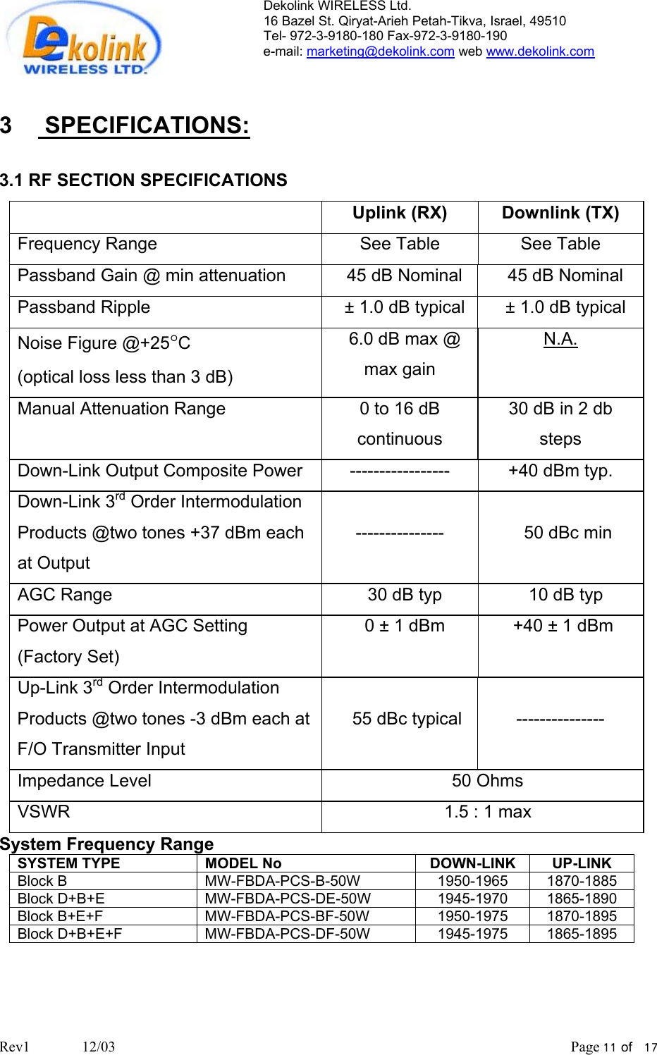 Dekolink WIRELESS Ltd. 16 Bazel St. Qiryat-Arieh Petah-Tikva, Israel, 49510 Tel- 972-3-9180-180 Fax-972-3- 190-9180  e-mail: marketing@dekolink.com web www.dekolink.com   3     SPECIFICATIONS:  3.1 RF SECTION SPECIFICATIONS  Uplink (RX)  Downlink (TX) Frequency Range  See Table  See Table Passband Gain @ min attenuation    45 dB Nominal    45 dB Nominal Passband Ripple    ± 1.0 dB typical    ± 1.0 dB typical Noise Figure @+25°C  (optical loss less than 3 dB)   6.0 dB max @ max gain N.A. Manual Attenuation Range  0 to 16 dB continuous  30 dB in 2 db steps Down-Link Output Composite Power   -----------------  +40 dBm typ. Down-Link 3rd Order Intermodulation Products @two tones +37 dBm each at Output  ---------------     50 dBc min  AGC Range      30 dB typ    10 dB typ Power Output at AGC Setting (Factory Set)     0 ± 1 dBm   +40 ± 1 dBm Up-Link 3rd Order Intermodulation Products @two tones -3 dBm each at F/O Transmitter Input     55 dBc typical   --------------- Impedance Level    50 Ohms VSWR            1.5 : 1 max System Frequency Range SYSTEM TYPE  MODEL No   DOWN-LINK  UP-LINK Block B  MW-FBDA-PCS-B-50W  1950-1965  1870-1885 Block D+B+E  MW-FBDA-PCS-DE-50W  1945-1970  1865-1890 Block B+E+F  MW-FBDA-PCS-BF-50W  1950-1975  1870-1895 Block D+B+E+F  MW-FBDA-PCS-DF-50W  1945-1975  1865-1895  Rev1              12/03                                                                                                                           Page 11 of   17                       