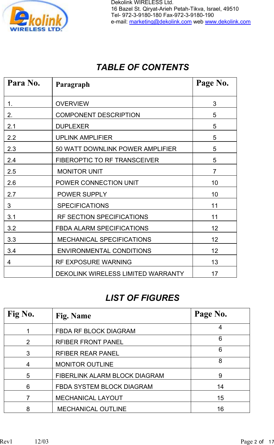 Dekolink WIRELESS Ltd. 16 Bazel St. Qiryat-Arieh Petah-Tikva, Israel, 49510 Tel- 972-3-9180-180 Fax-972-3- 190-9180  e-mail: marketing@dekolink.com web www.dekolink.com   TABLE OF CONTENTS Para No.  Paragraph  Page No. 1. OVERVIEW 3 2. COMPONENT DESCRIPTION 5 2.1 DUPLEXER  5 2.2 UPLINK AMPLIFIER  5 2.3  50 WATT DOWNLINK POWER AMPLIFIER  5 2.4  FIBEROPTIC TO RF TRANSCEIVER  5 2.5   MONITOR UNIT  7 2.6  POWER CONNECTION UNIT  10 2.7   POWER SUPPLY  10 3  SPECIFICATIONS 11 3.1   RF SECTION SPECIFICATIONS 11 3.2  FBDA ALARM SPECIFICATIONS  12 3.3   MECHANICAL SPECIFICATIONS 12 3.4   ENVIRONMENTAL CONDITIONS 12 4  RF EXPOSURE WARNING  13    DEKOLINK WIRELESS LIMITED WARRANTY  17  LIST OF FIGURES Fig No.  Fig. Name  Page No. 1  FBDA RF BLOCK DIAGRAM  4 2  RFIBER FRONT PANEL  6 3  RFIBER REAR PANEL  6 4 MONITOR OUTLINE  8 5  FIBERLINK ALARM BLOCK DIAGRAM  9 6  FBDA SYSTEM BLOCK DIAGRAM  14 7 MECHANICAL LAYOUT  15 8   MECHANICAL OUTLINE 16 Rev1              12/03                                                                                                                           Page 2 of   17                         