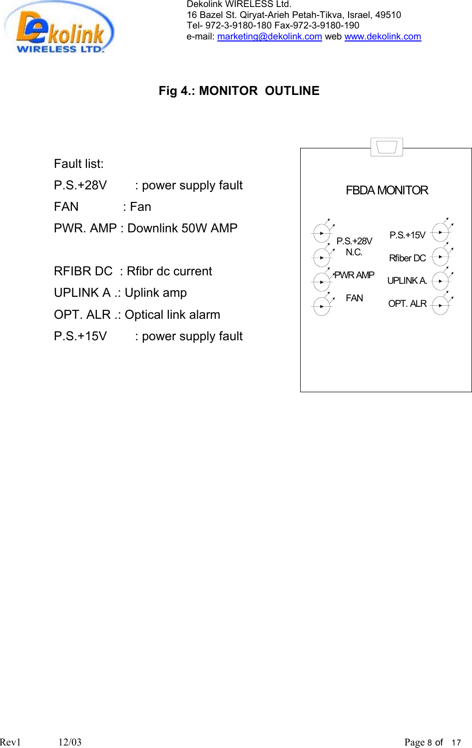 Dekolink WIRELESS Ltd. 16 Bazel St. Qiryat-Arieh Petah-Tikva, Israel, 49510 Tel- 972-3-9180-180 Fax-972-3- 190-9180  e-mail: marketing@dekolink.com web www.dekolink.com   Fig 4.: MONITOR  OUTLINE  FBDA MONITORP.S.+15VRfiber DCUPLINK A.OPT. ALRP.S.+28VN.C.PWR AMPFANFault list: P.S.+28V        : power supply fault FAN            : Fan  PWR. AMP : Downlink 50W AMP  RFIBR DC  : Rfibr dc current UPLINK A .: Uplink amp OPT. ALR .: Optical link alarm P.S.+15V        : power supply fault Rev1              12/03                                                                                                                           Page 8 of   17                         